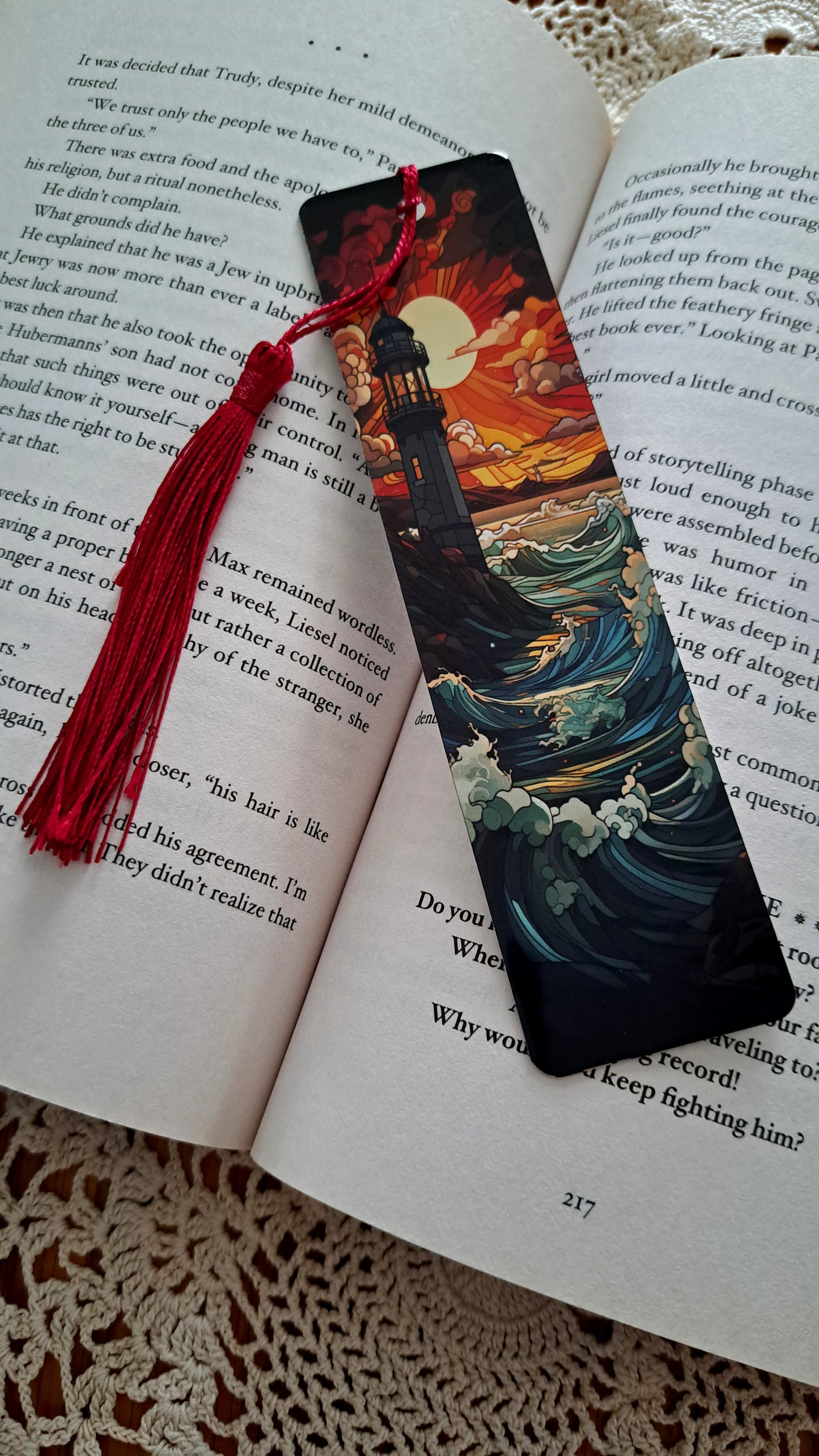 Metal Sunset Lighthouse Bookmark with Burgundy Tassel