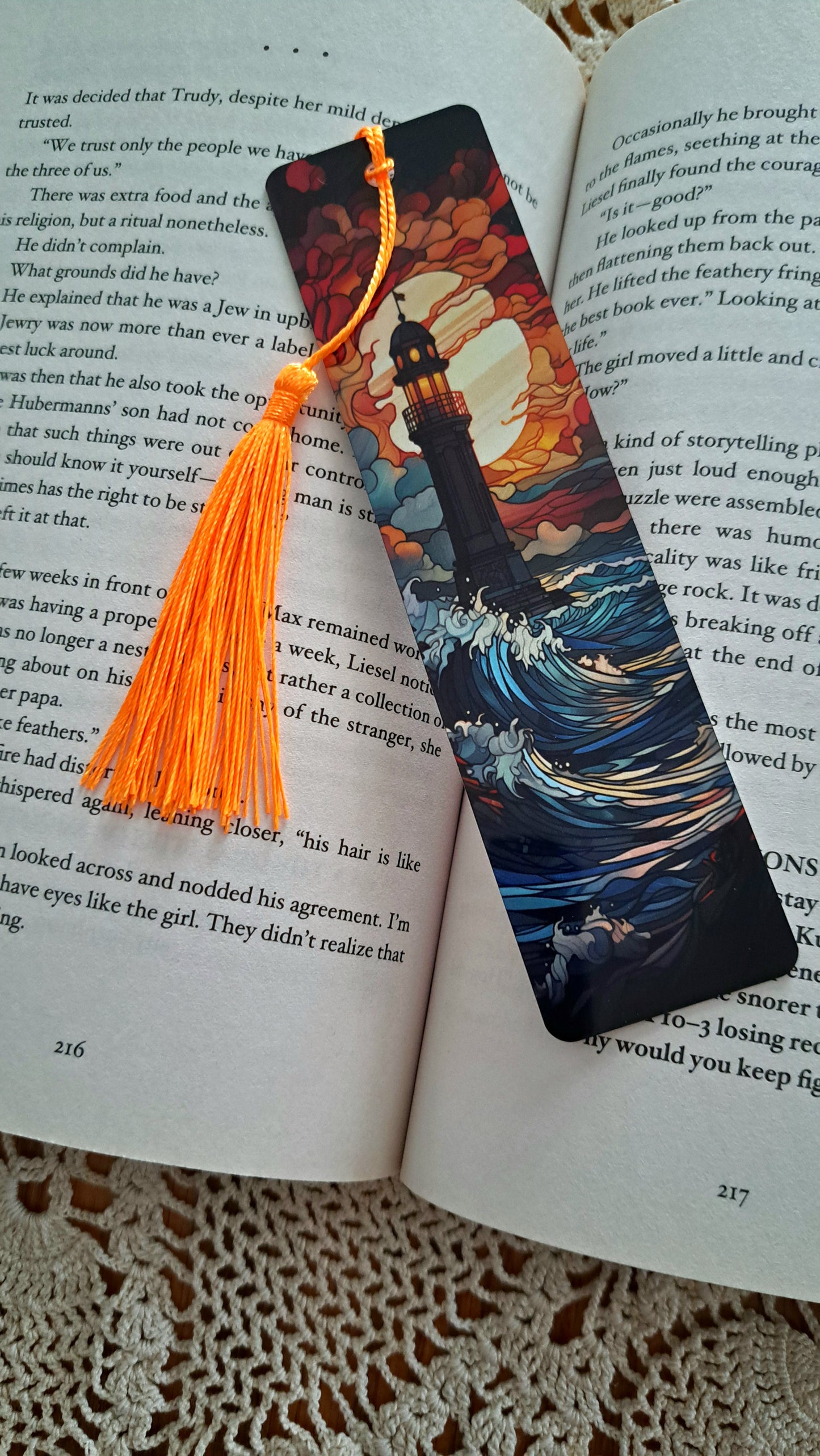 Metal Sunset Lighthouse Bookmark With Orange Tassel