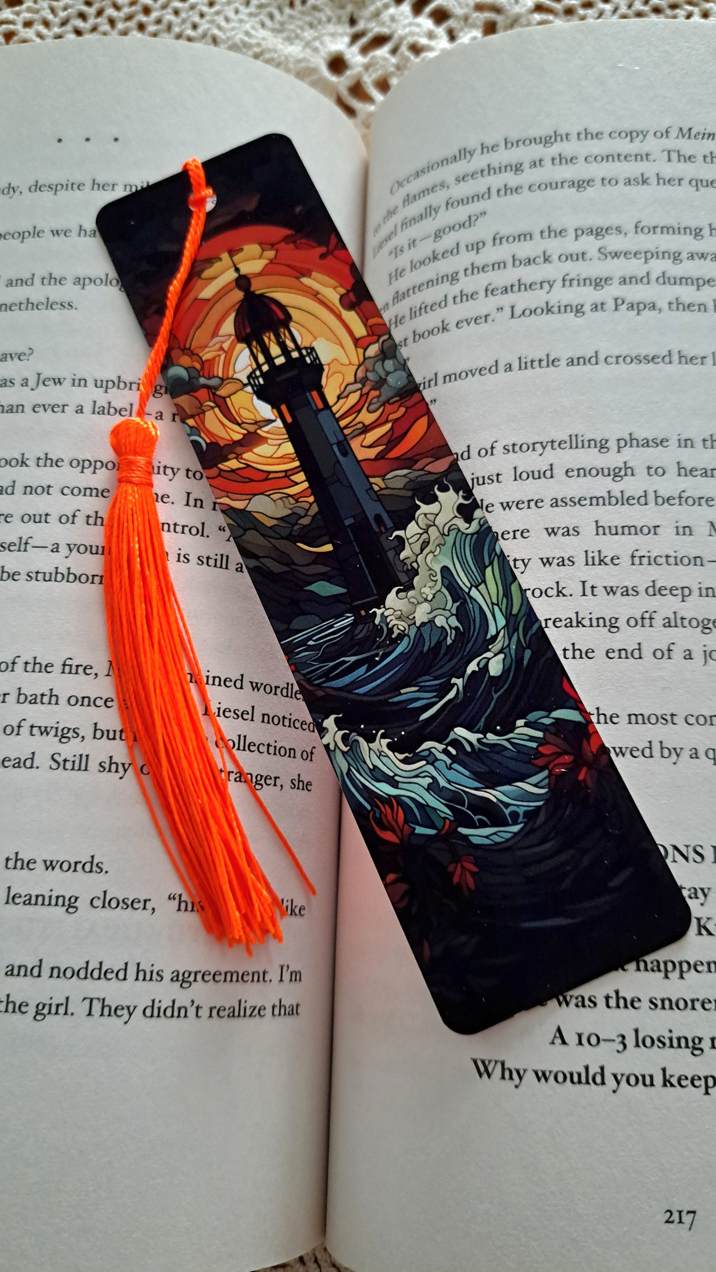 Metal Sunset Lighthouse Bookmark With Dark Orange Tassel