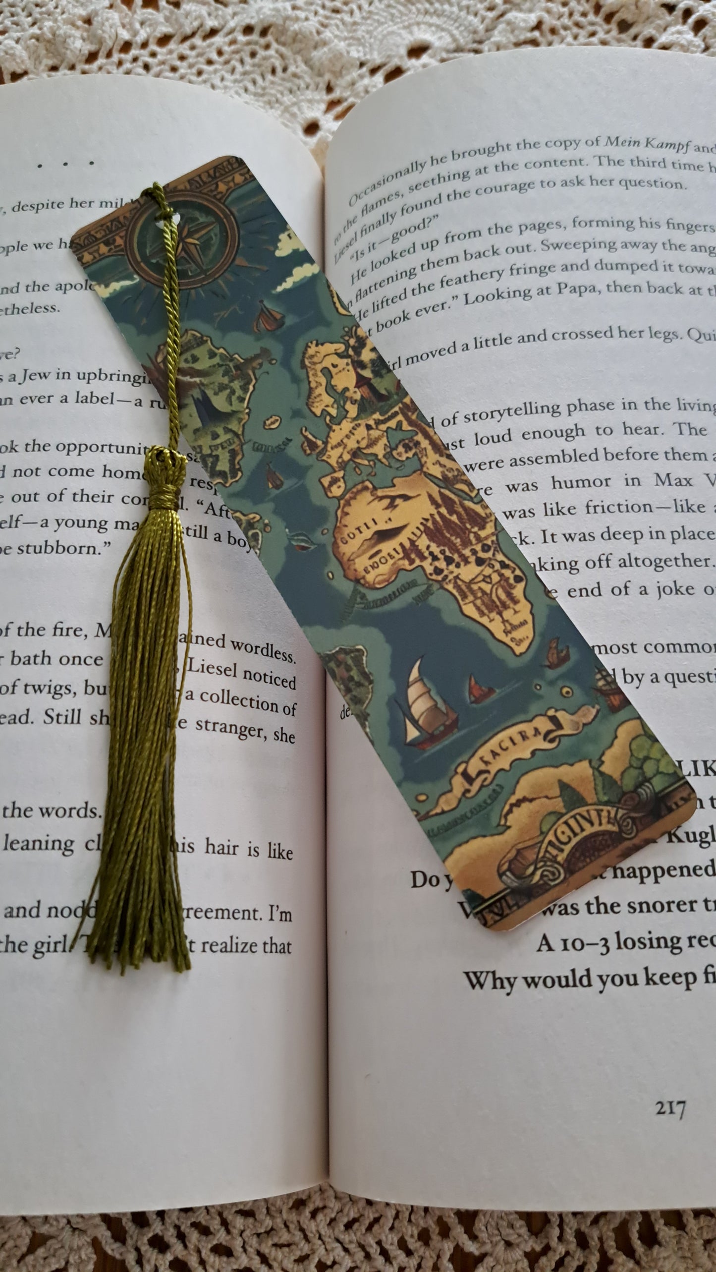 Metal Old World Map Bookmark With Olive Green Tassel