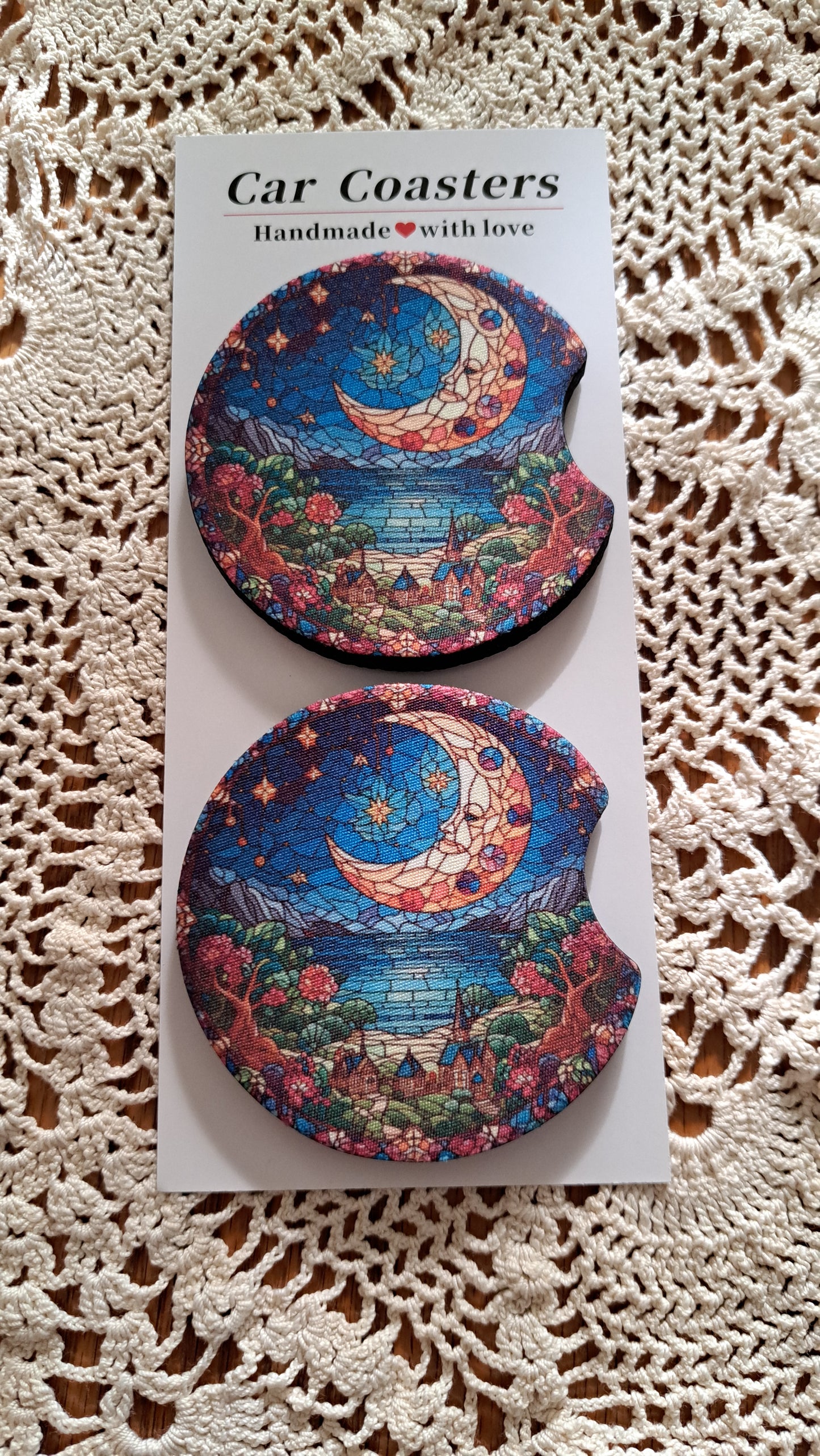 Car Coaster Stained Glass Moon Over Village