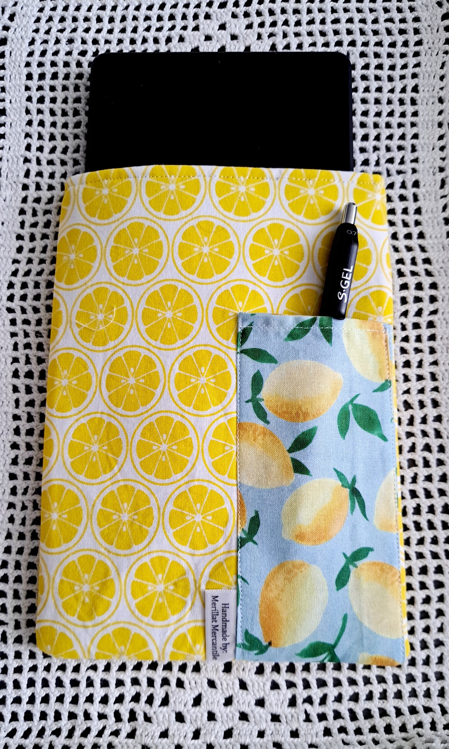 Kindle-Book-Tablet Sleeve White and Teal Lemons with Teal Floral