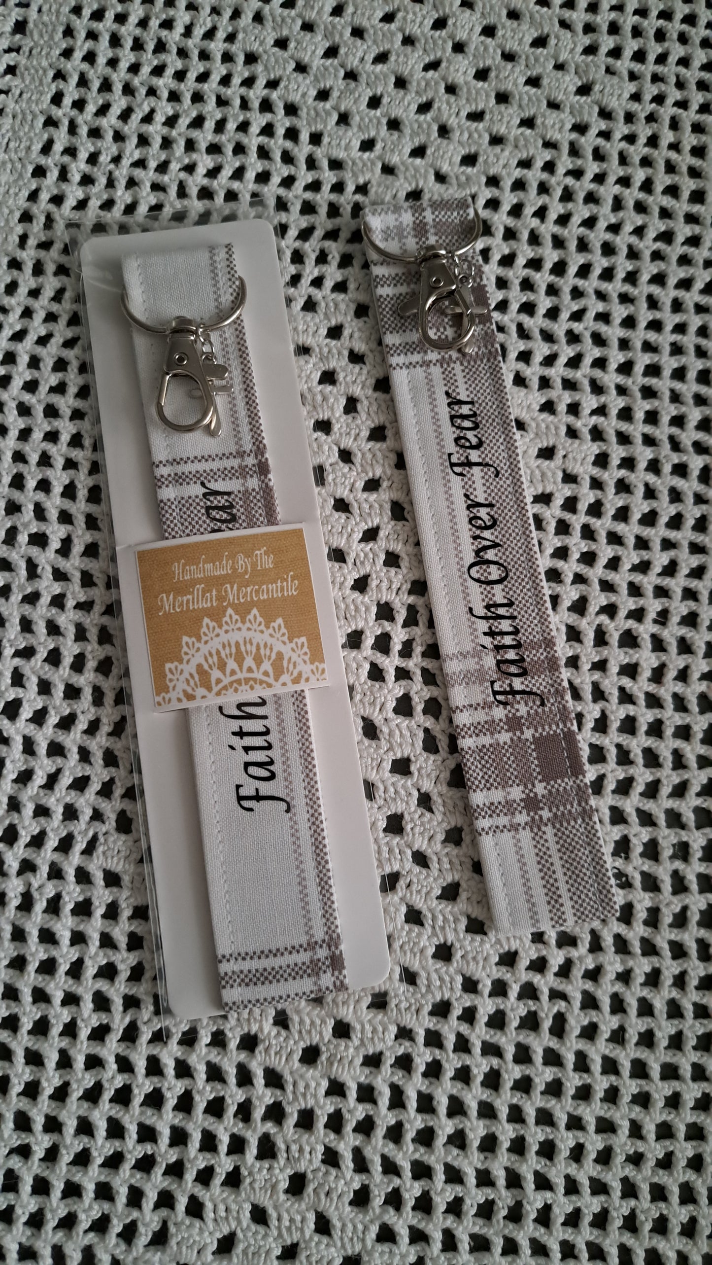 Cotton Gray and White Stripe Plaid Key Wristlet with Cross Charm and Faith Over Fear Quote