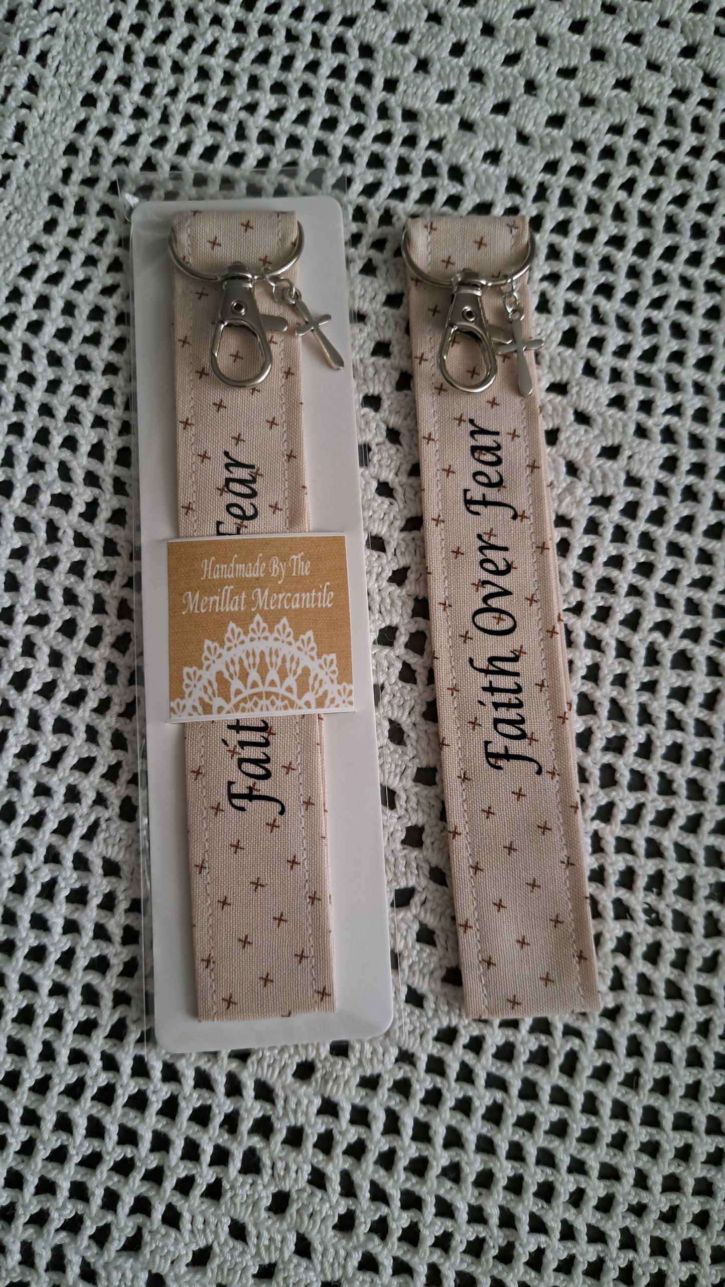 Cotton Coffee Cream Cross Key Wristlet with Cross Charm & Faith Over Fear Quote
