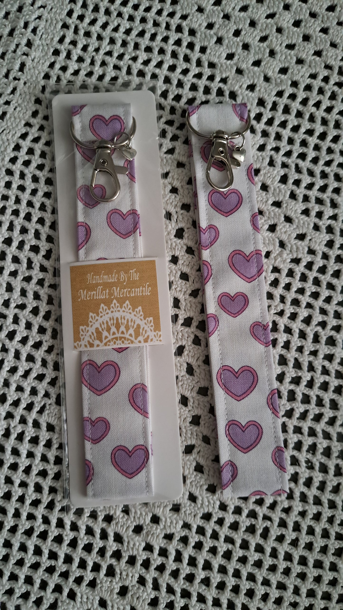 Cotton Pink/Purple Heart Key Wristlet with Dainty Heart Charm