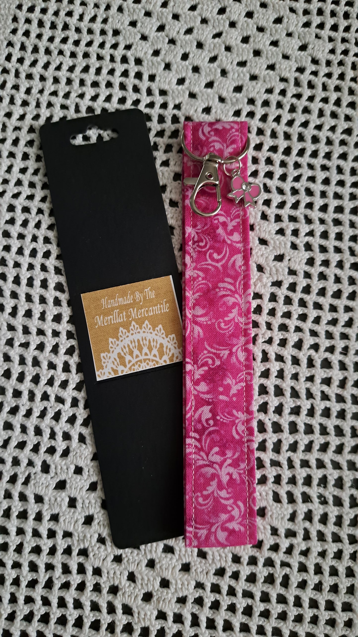 Cotton Dark Pink with Light Pink Flourish Key Wristlet with Bow Charm