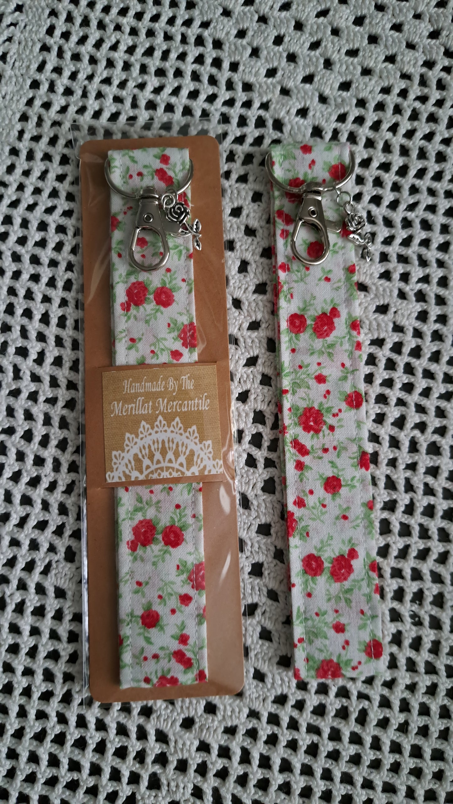 Cotton Red Roses & Green Leaves Key Wristlet with Rose Charm