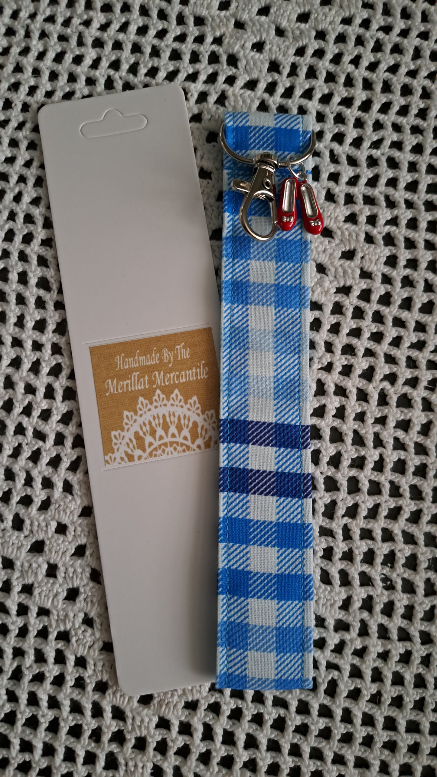 Cotton Blue Gingham Key Wristlet with Red Shoes Charm