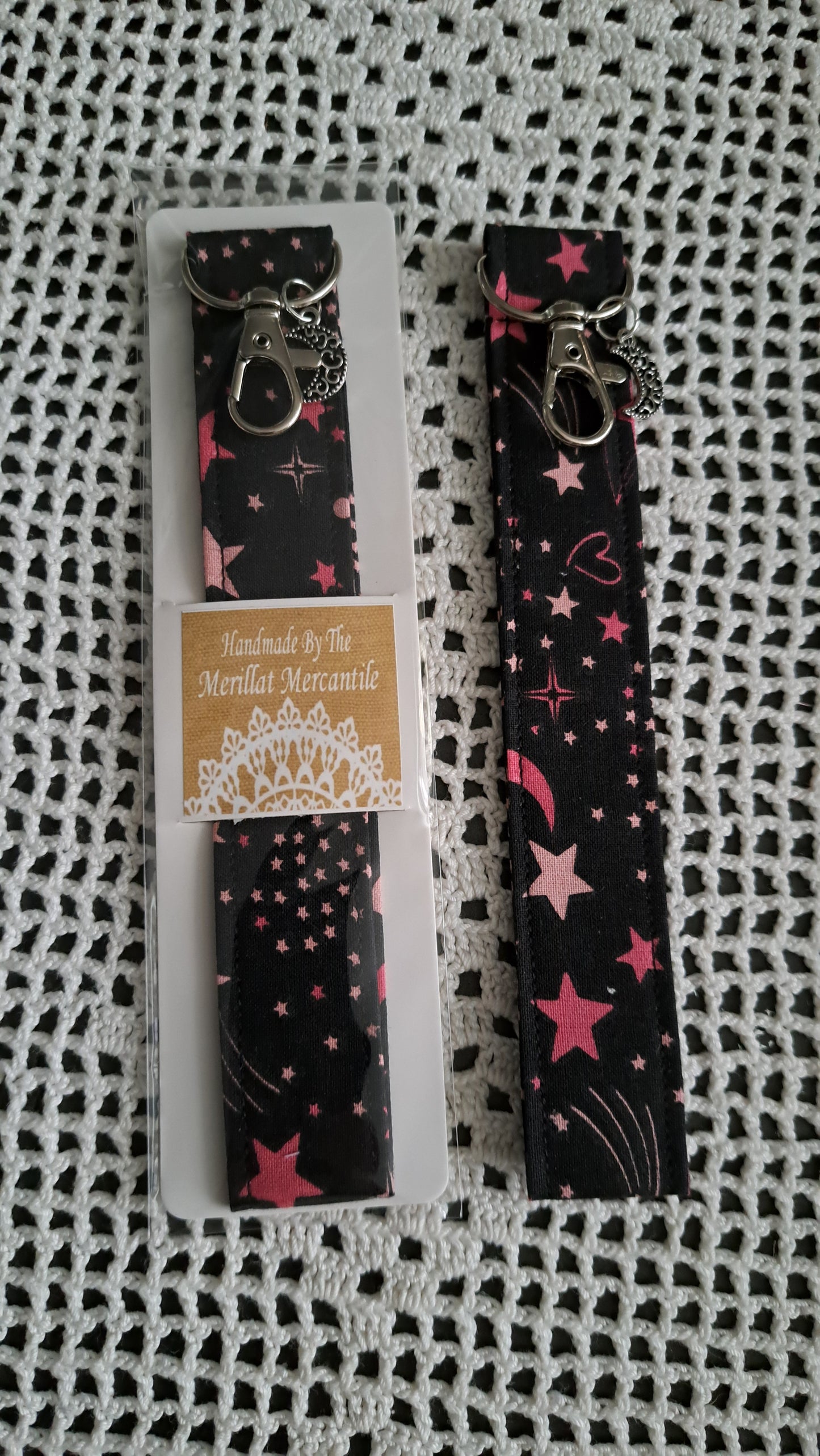 Cotton Black with Pink Moon and Stars Key Wristlet with Moon Charm