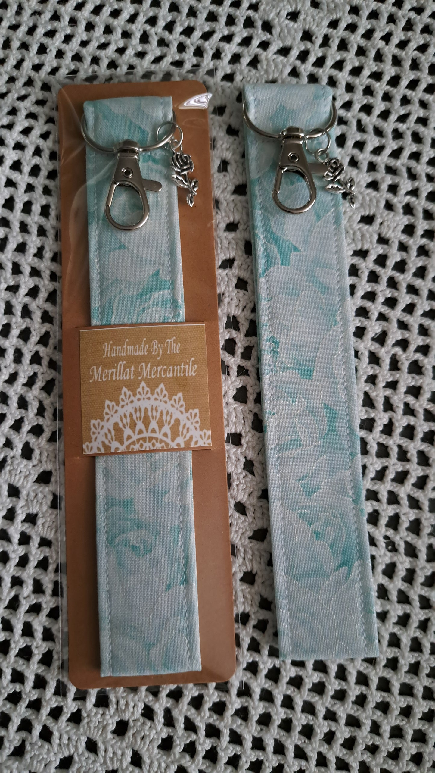 Cotton Light Teal Iridescent Rose Key Wristlet with Rose Charm