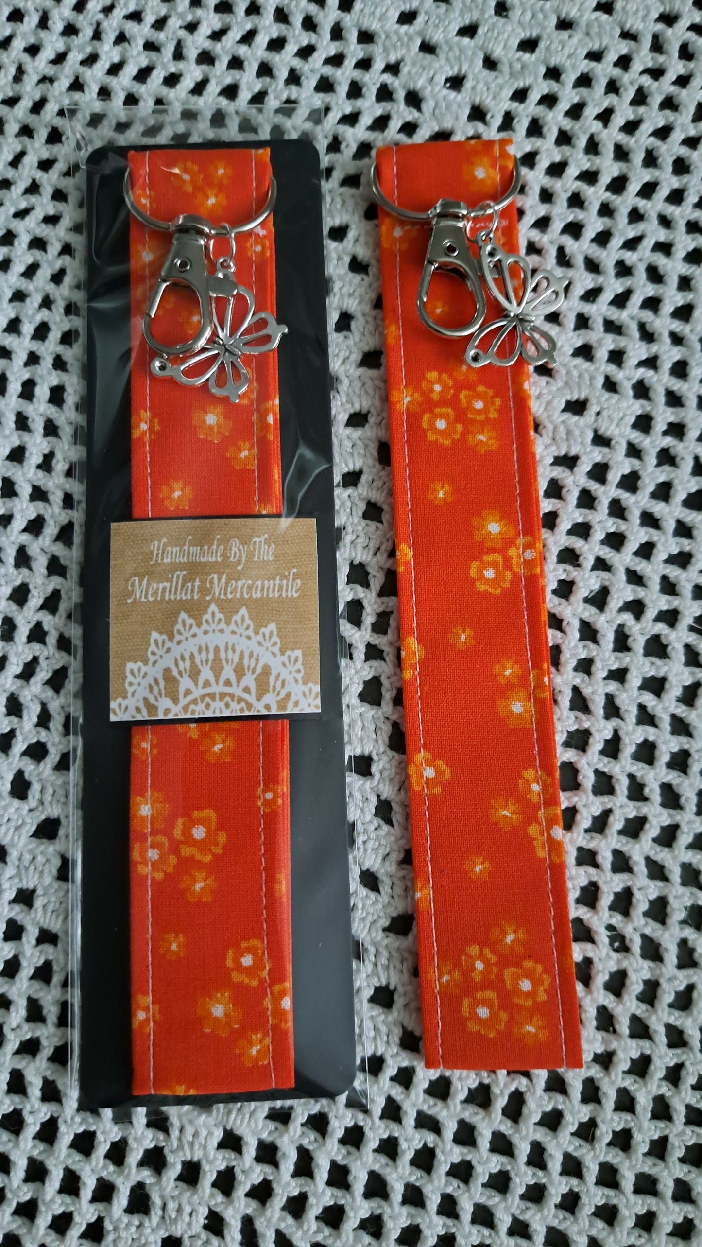 Cotton Orange with Yellow Poppy Key Wristlet with Butterfly Charm