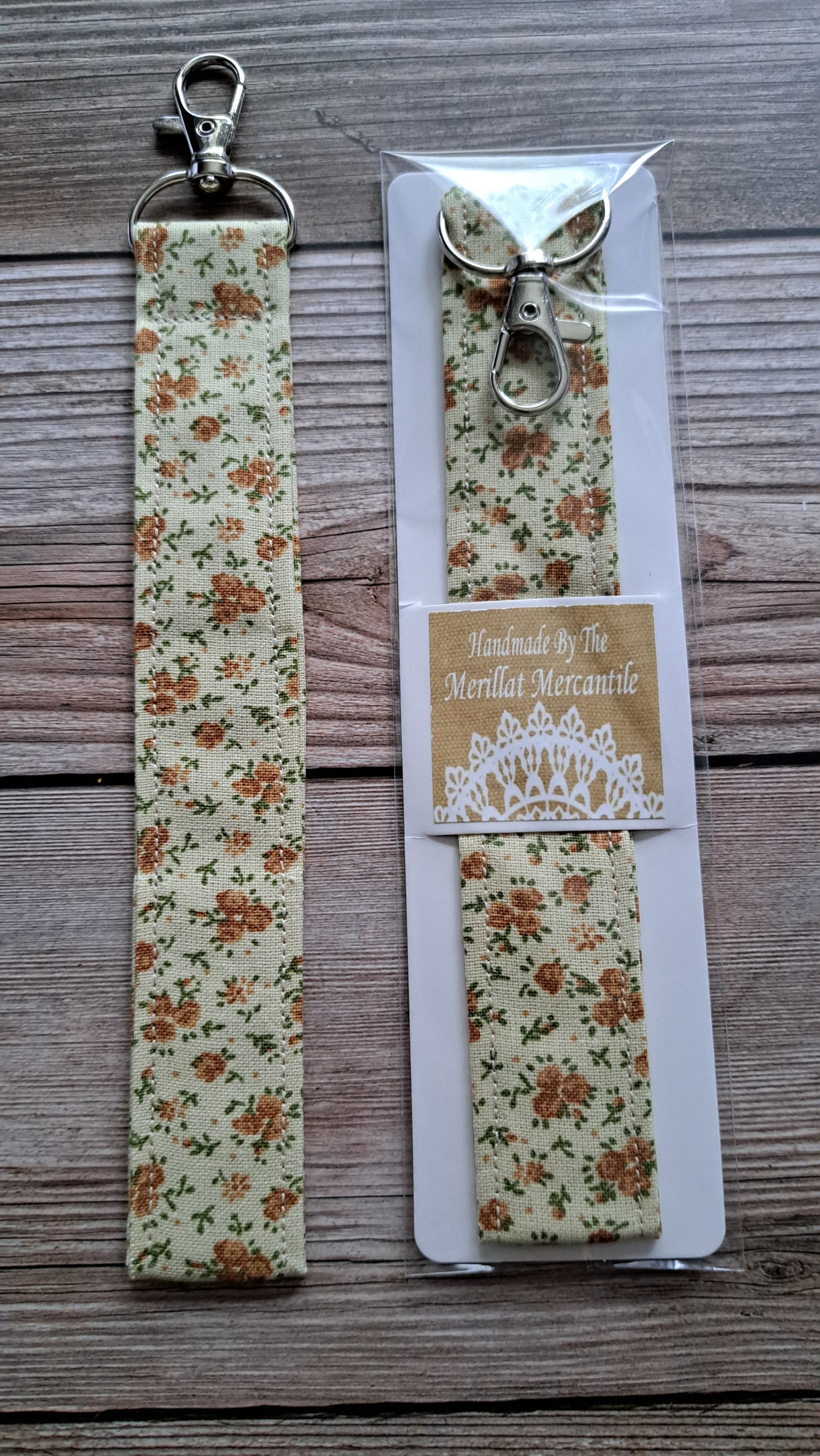 Cream & Orange Floral Fabric Key Strap