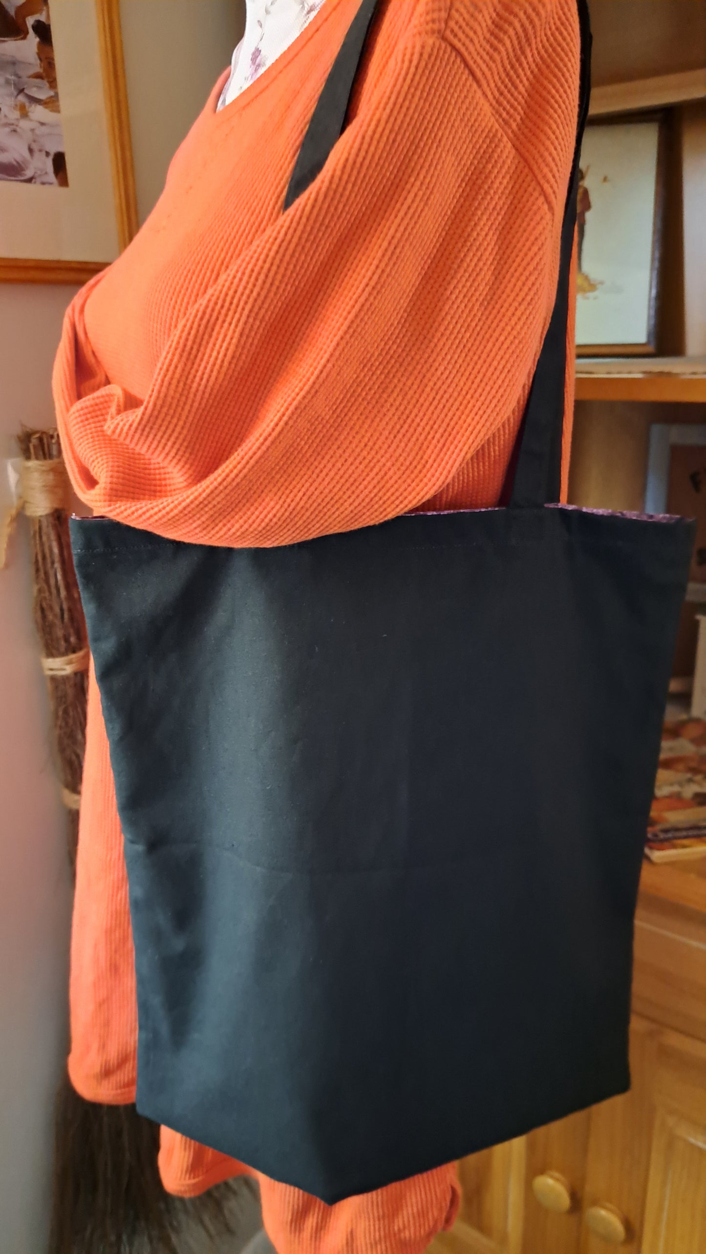 Purple Witch & Bats Lined Black Bag