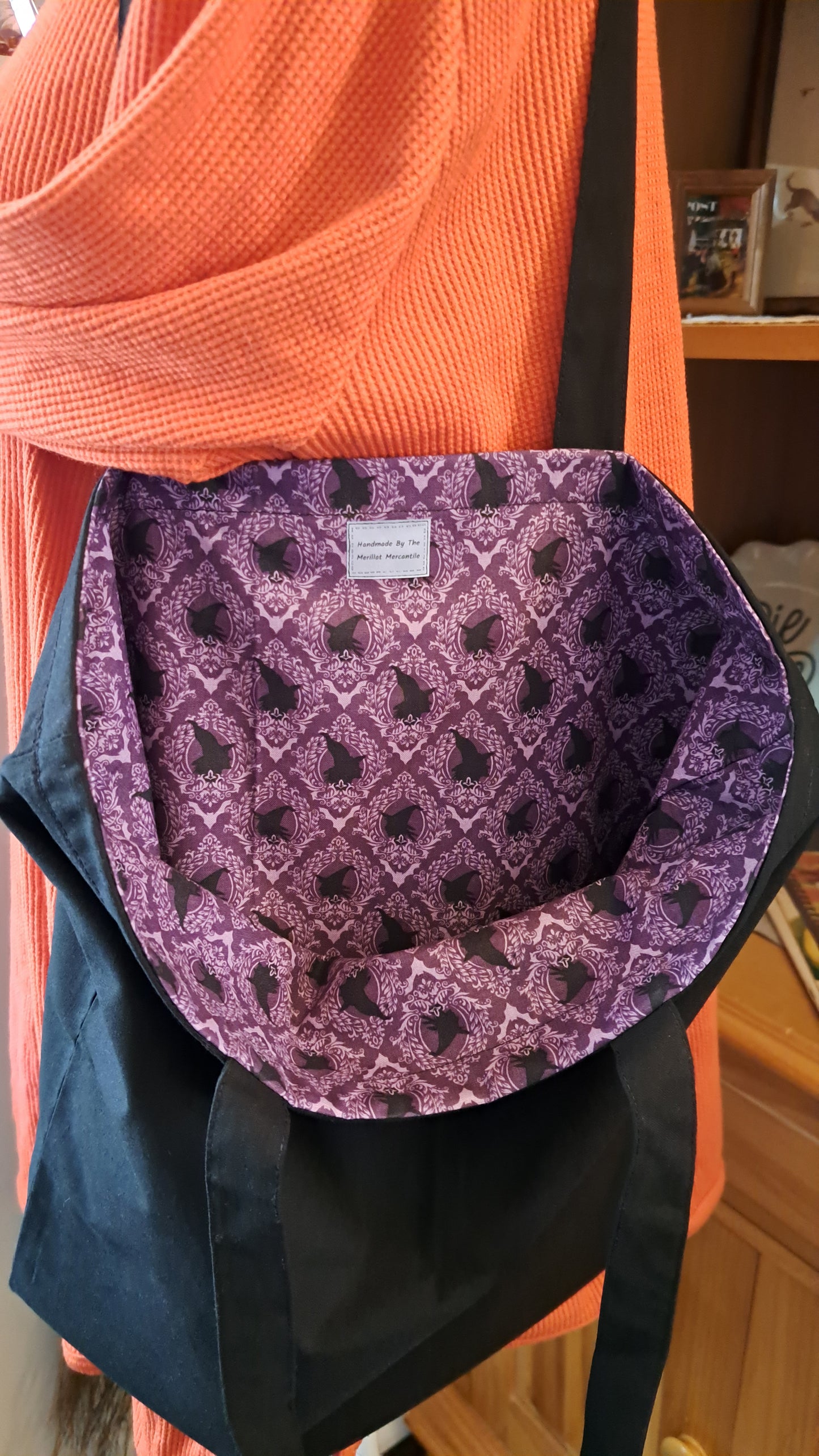 Purple Witch & Bats Lined Black Bag