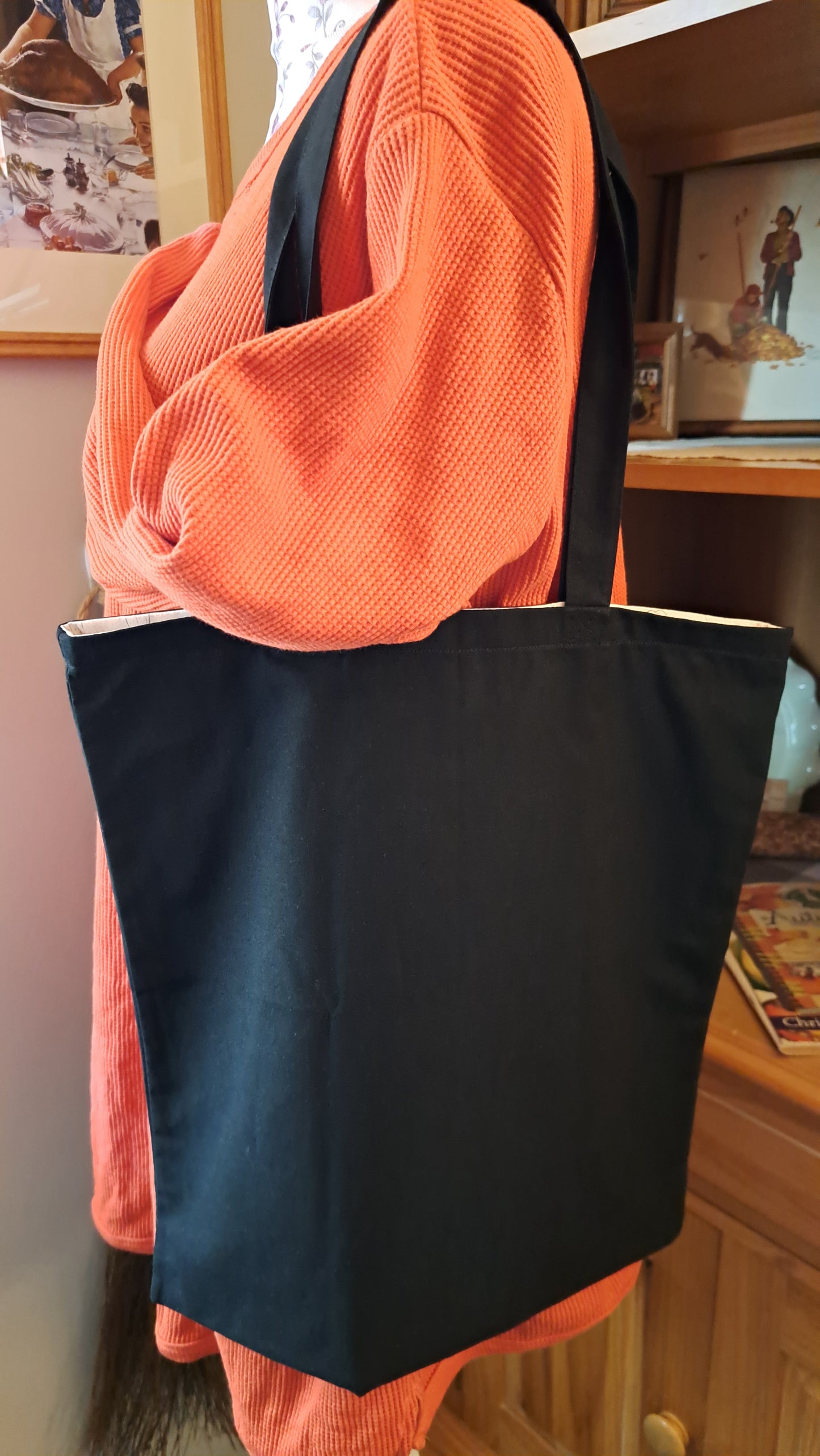 Creamy Orange with Gray Sketched Pumpkin lined Black Bag
