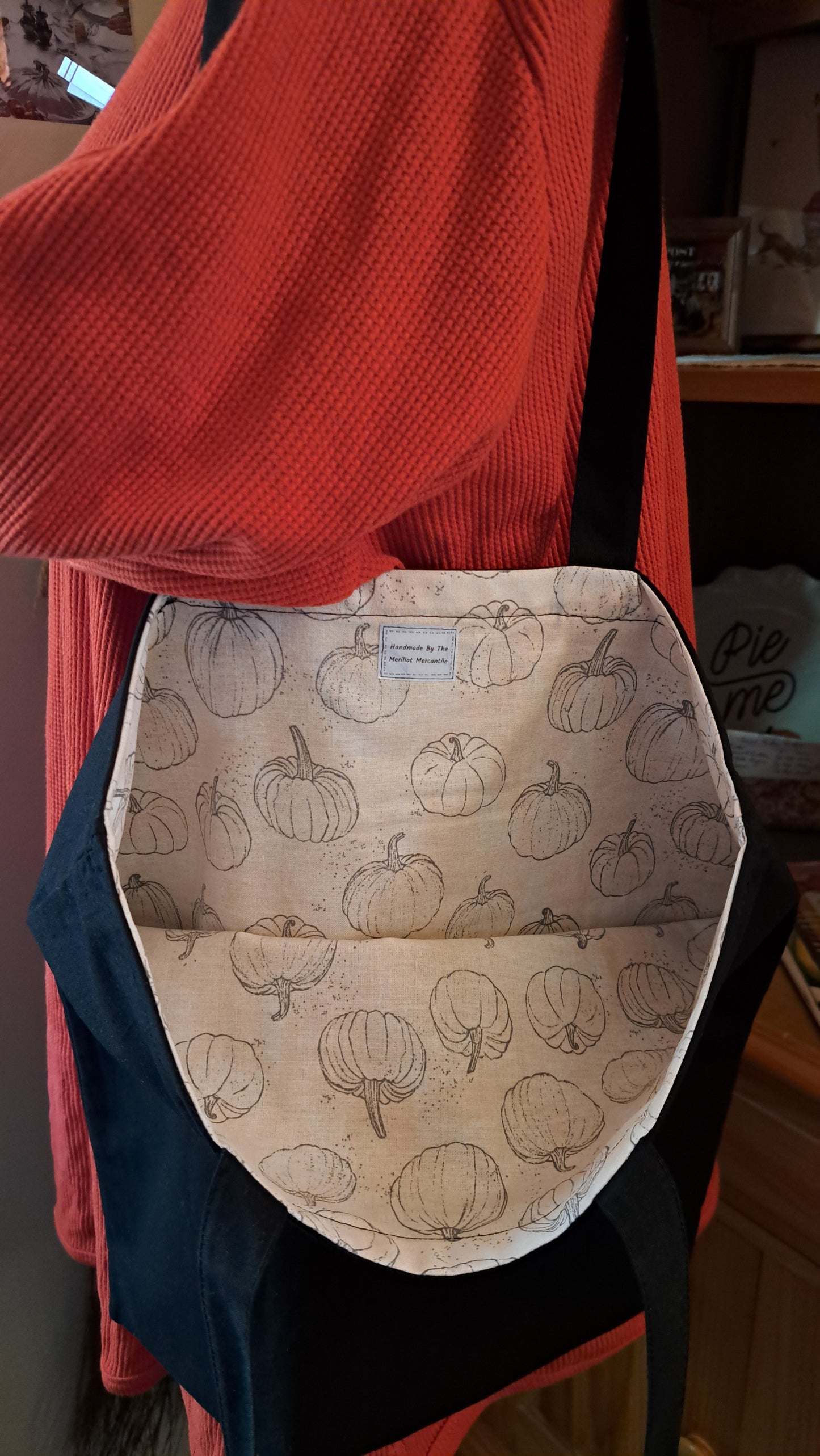 Creamy Orange with Gray Sketched Pumpkin lined Black Bag