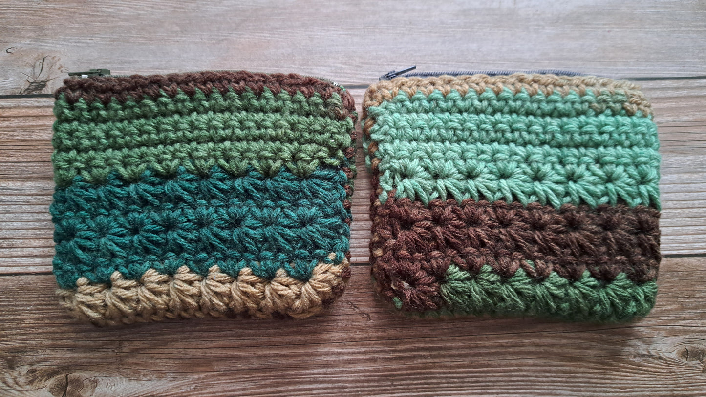 Mossy Forest Crochet Pouch with Cream Yellow Mushroom Liner