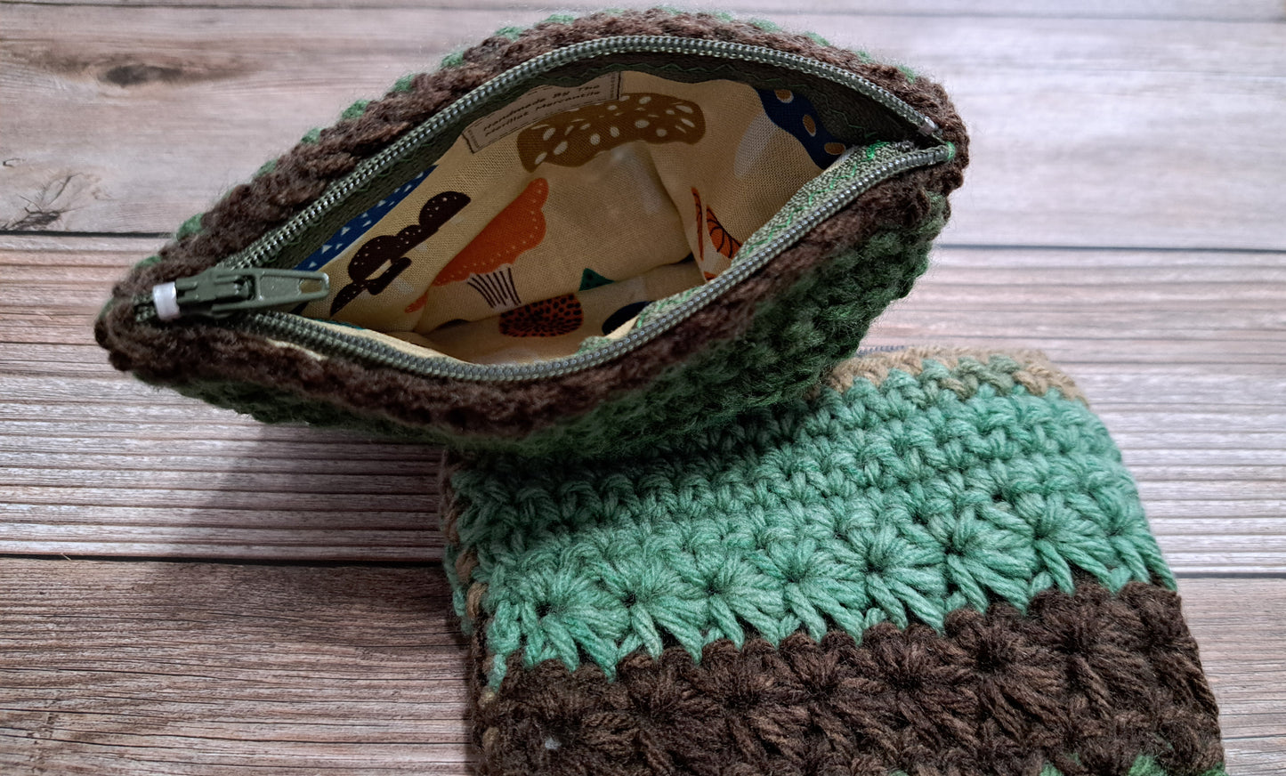 Mossy Forest Crochet Pouch with Cream Yellow Mushroom Liner