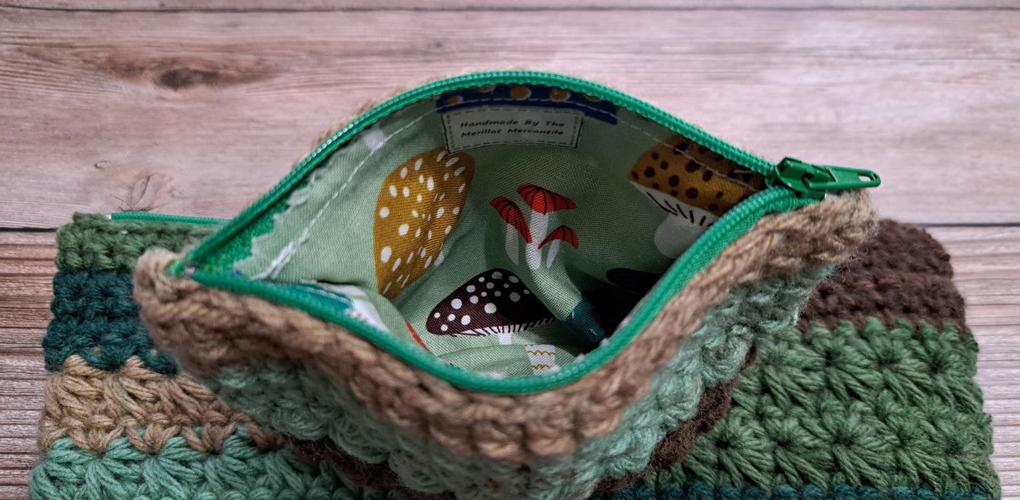 Mossy Forest Crochet Pouch with Light Green Mushroom Liner