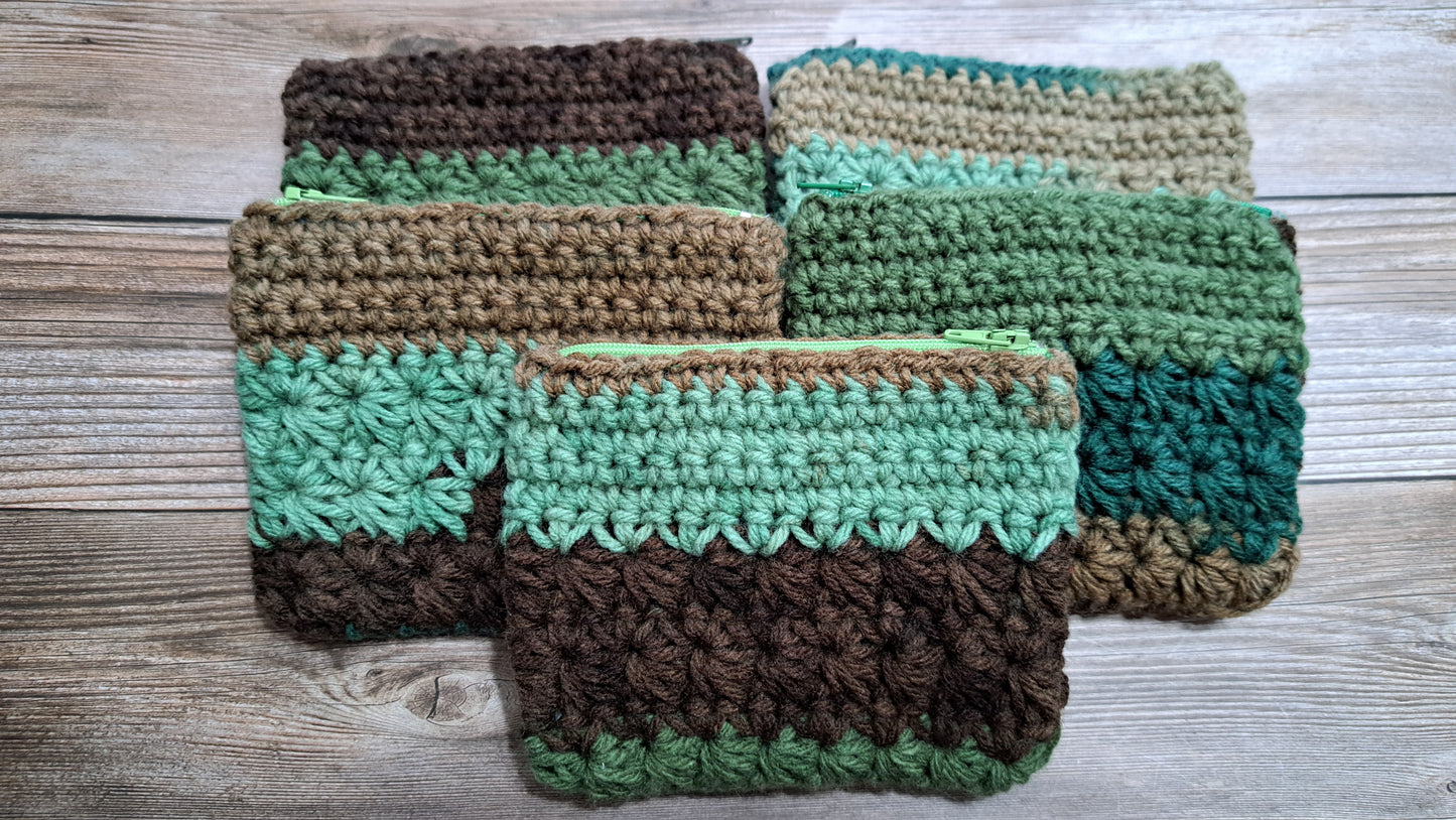 Mossy Forest Crochet Pouch with Blue Mushroom Liner