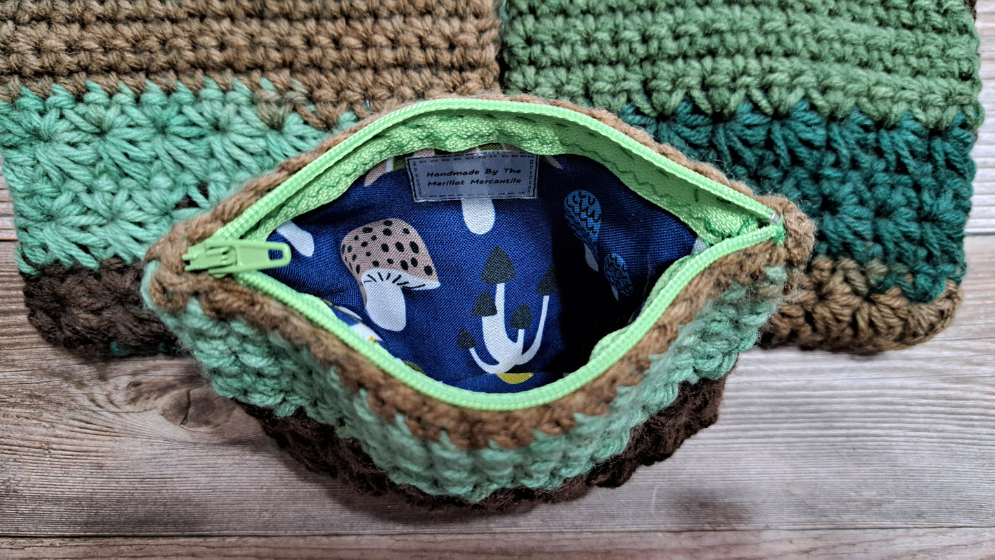 Mossy Forest Crochet Pouch with Blue Mushroom Liner