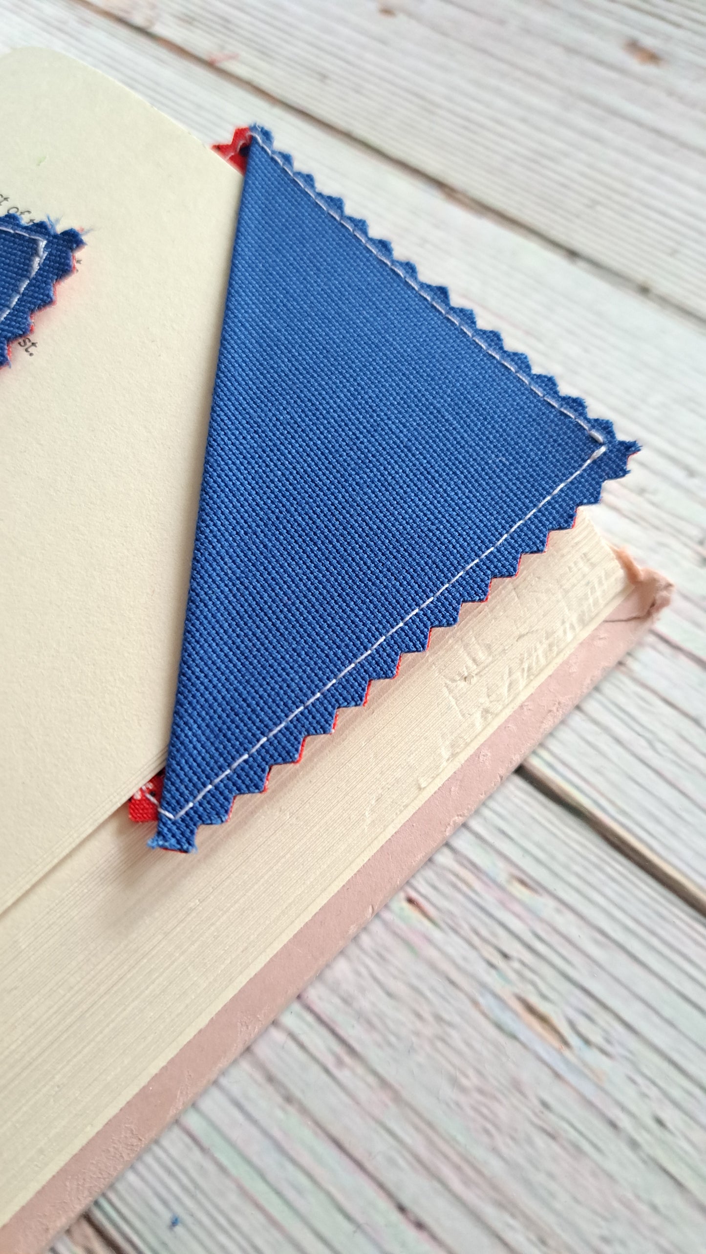 Denim Blue/Blue & White Heart on Red Fabric Corner Bookmark