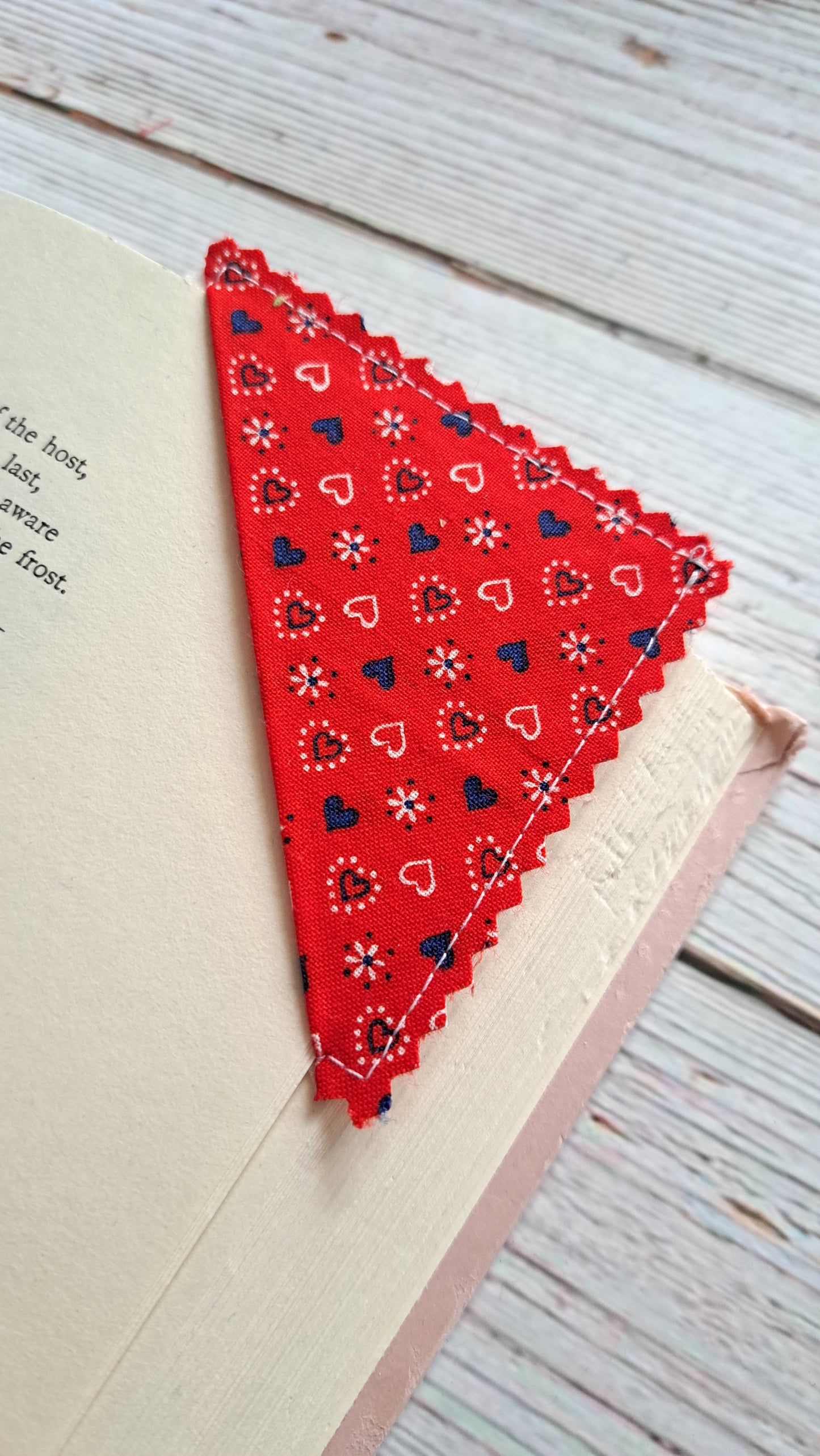 White and Blue Hearts w/ Red & White Stripes Fabric Corner Bookmark