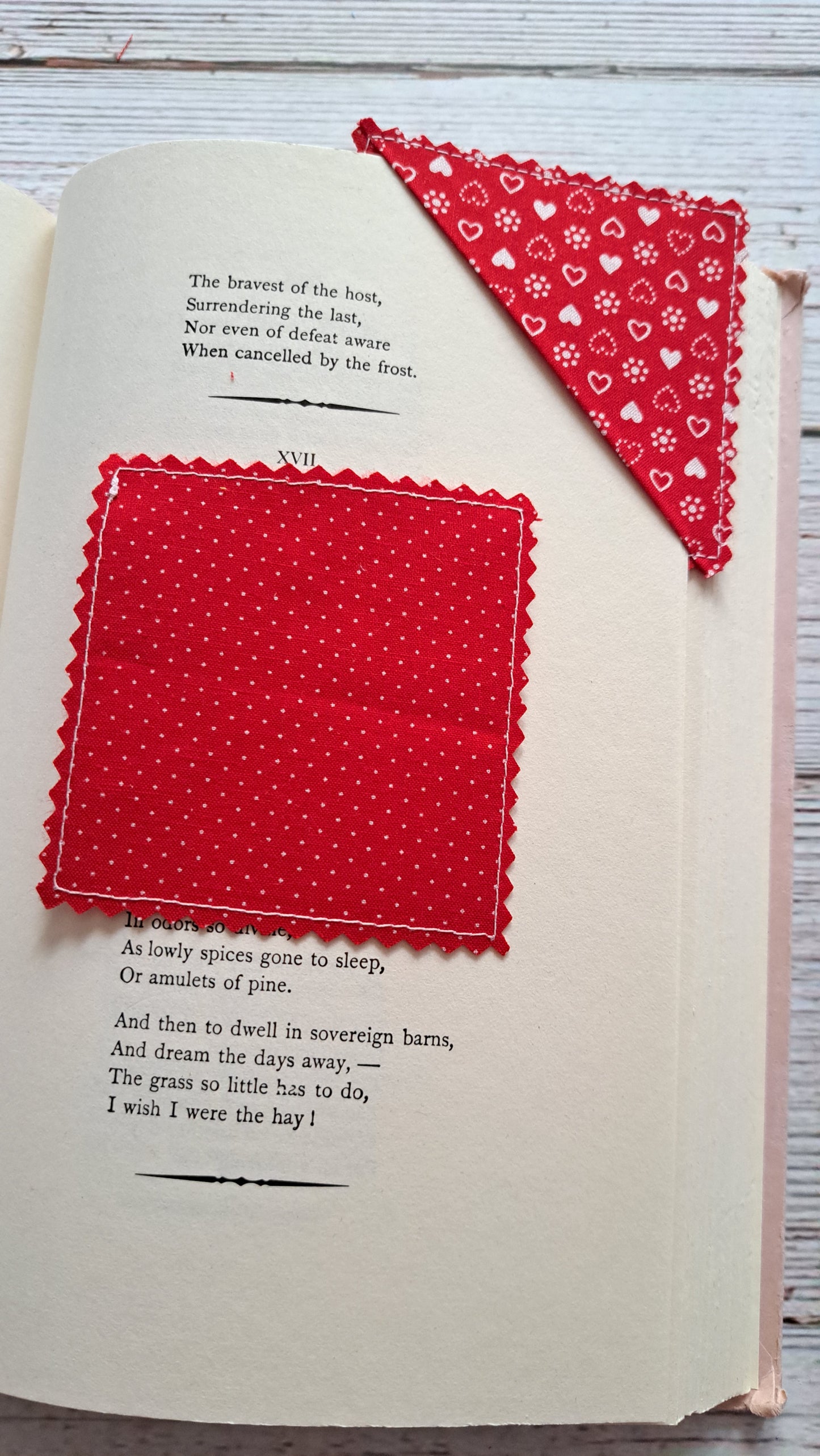 Red and White Hearts with Red and White Dots Fabric Corner Bookmark