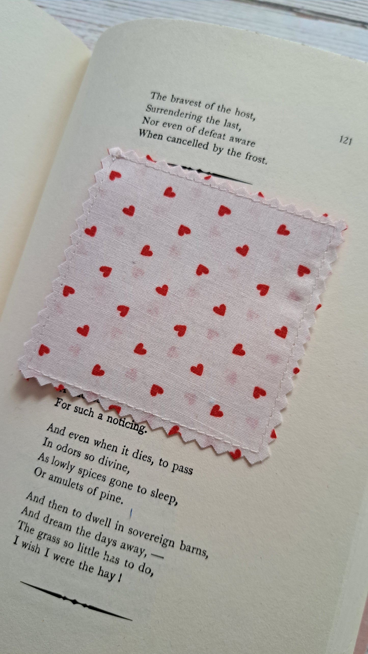 Red w/ White Floral with Red Heart on white Fabric Corner Bookmark