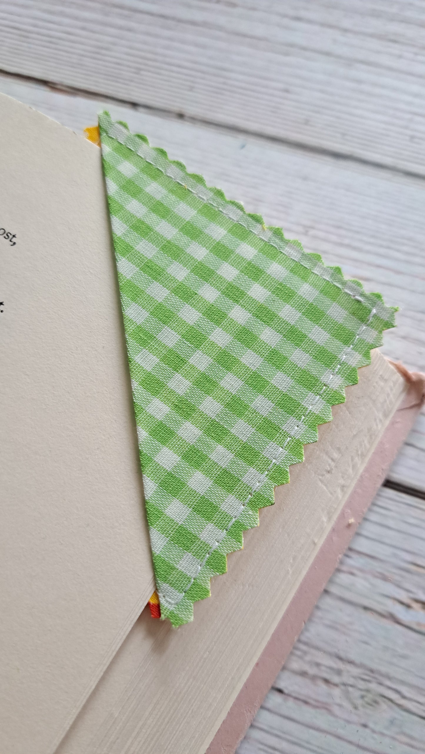 Green and White Gingham with Red/White Floral on Yellow Fabric Corner Bookmark