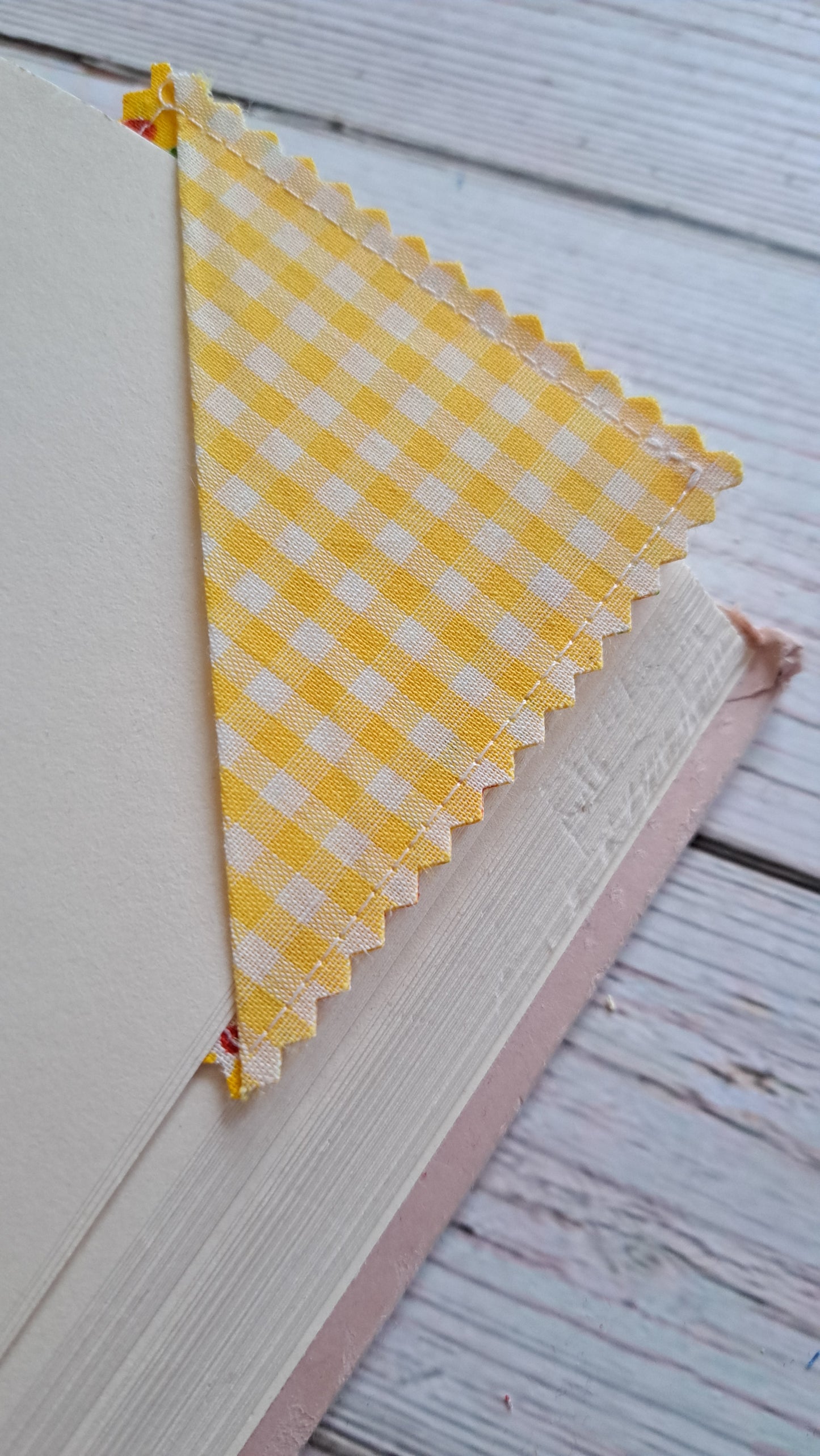 Yellow and White Gingham with Red/White floral on Yellow Fabric Corner Bookmark