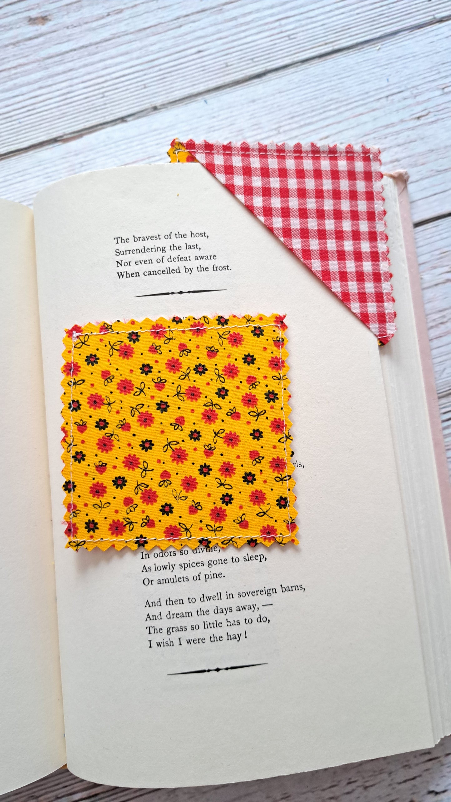Red and White Gingham with Red Daisies on Yellow Fabric Corner Bookmark