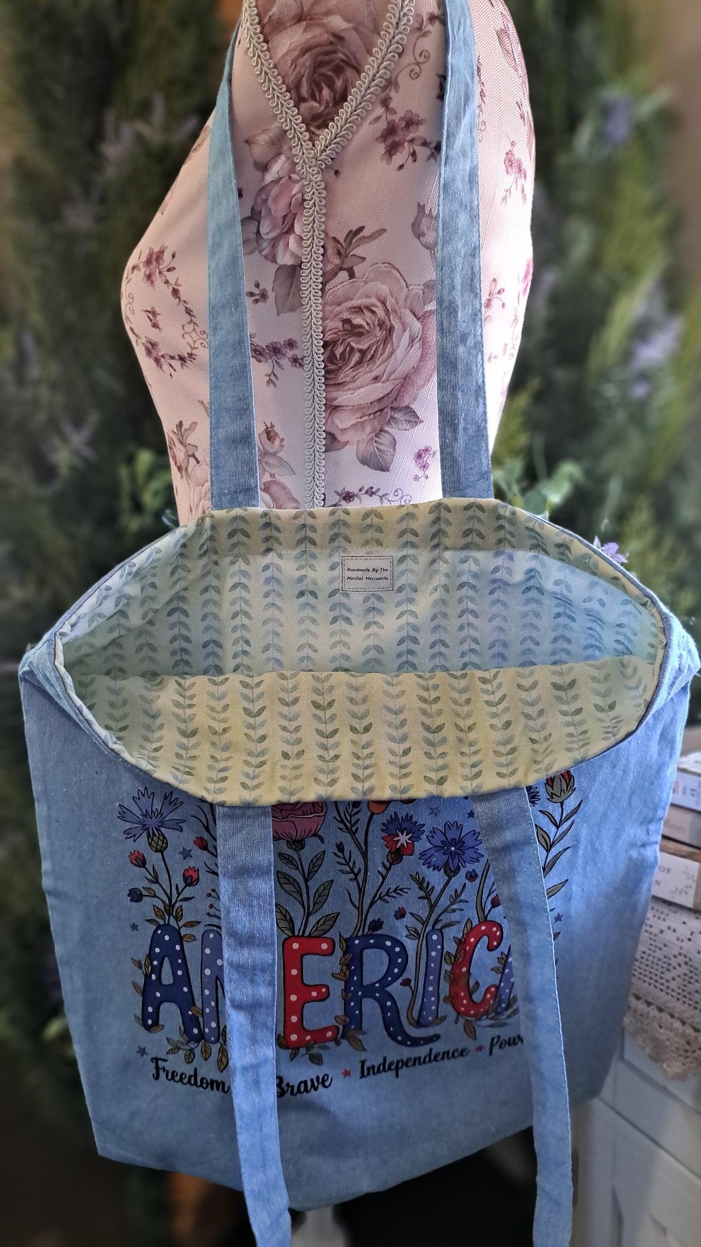 Teal Blue America Floral Tote Bag