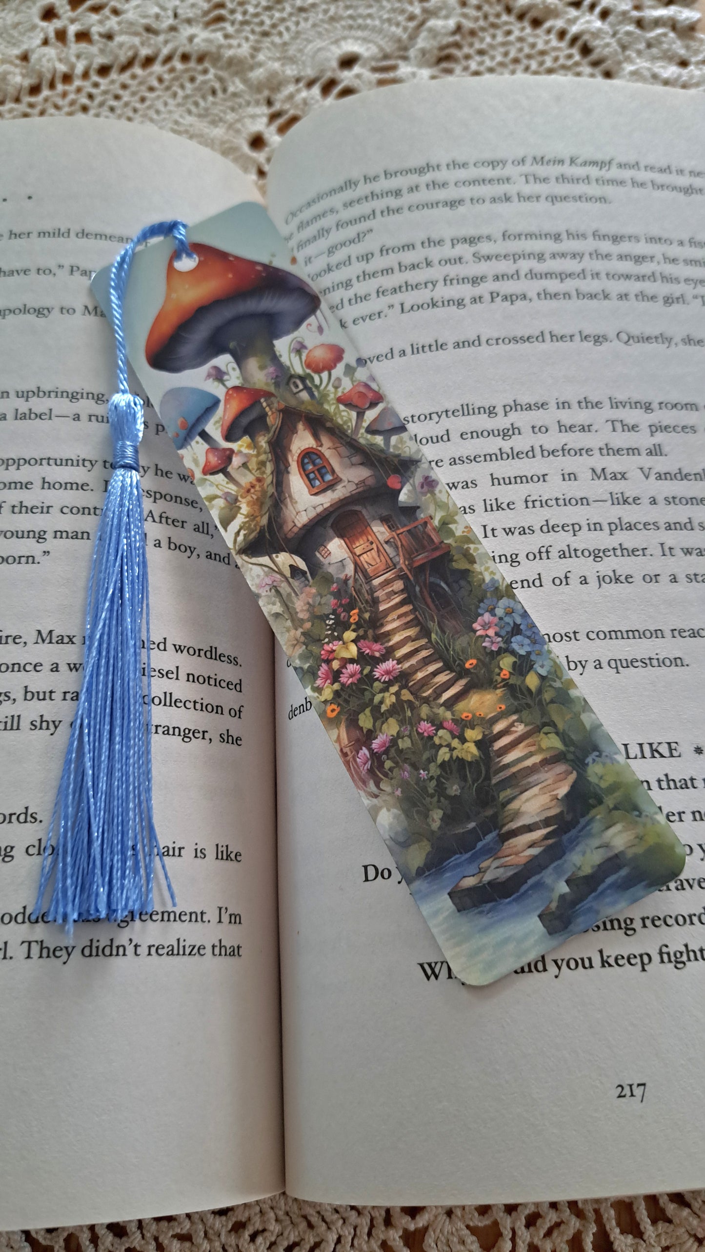 Metal Mushroom Fairy House With Bright Blue Tassel Bookmark