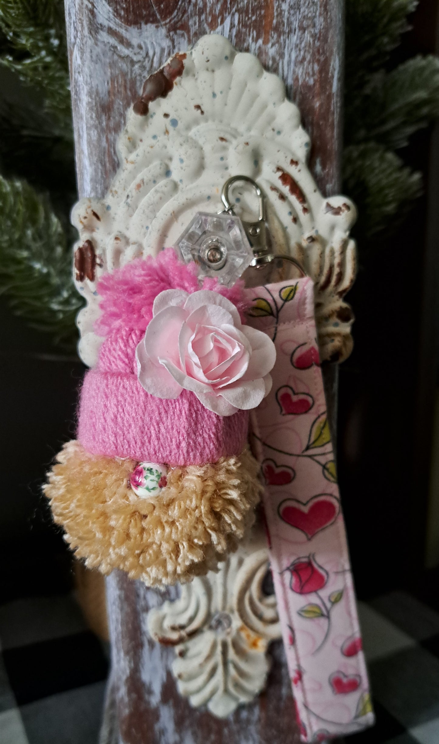 Yarn Gnome Key/Bag Charm with Light Pink Rose