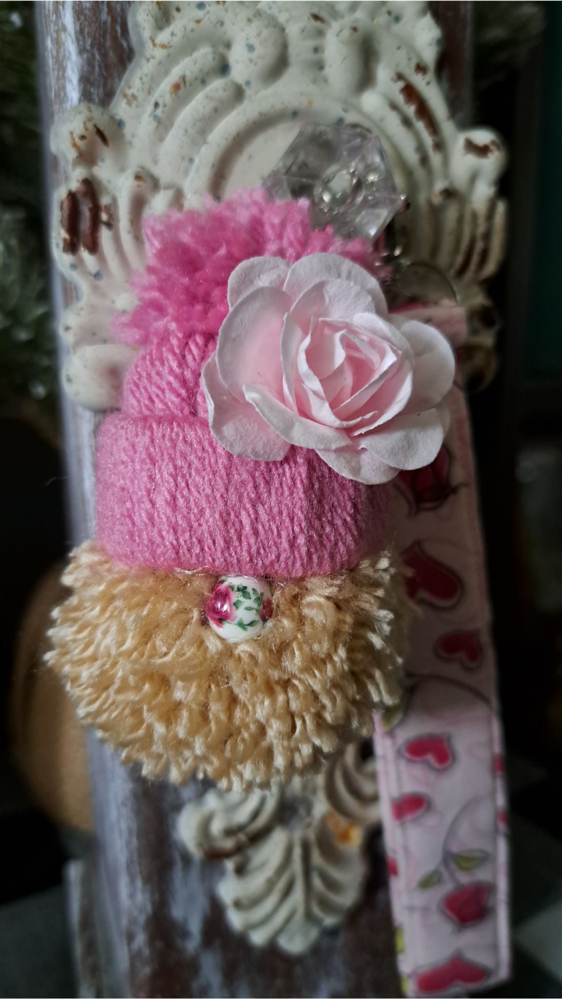 Yarn Gnome Key/Bag Charm with Light Pink Rose