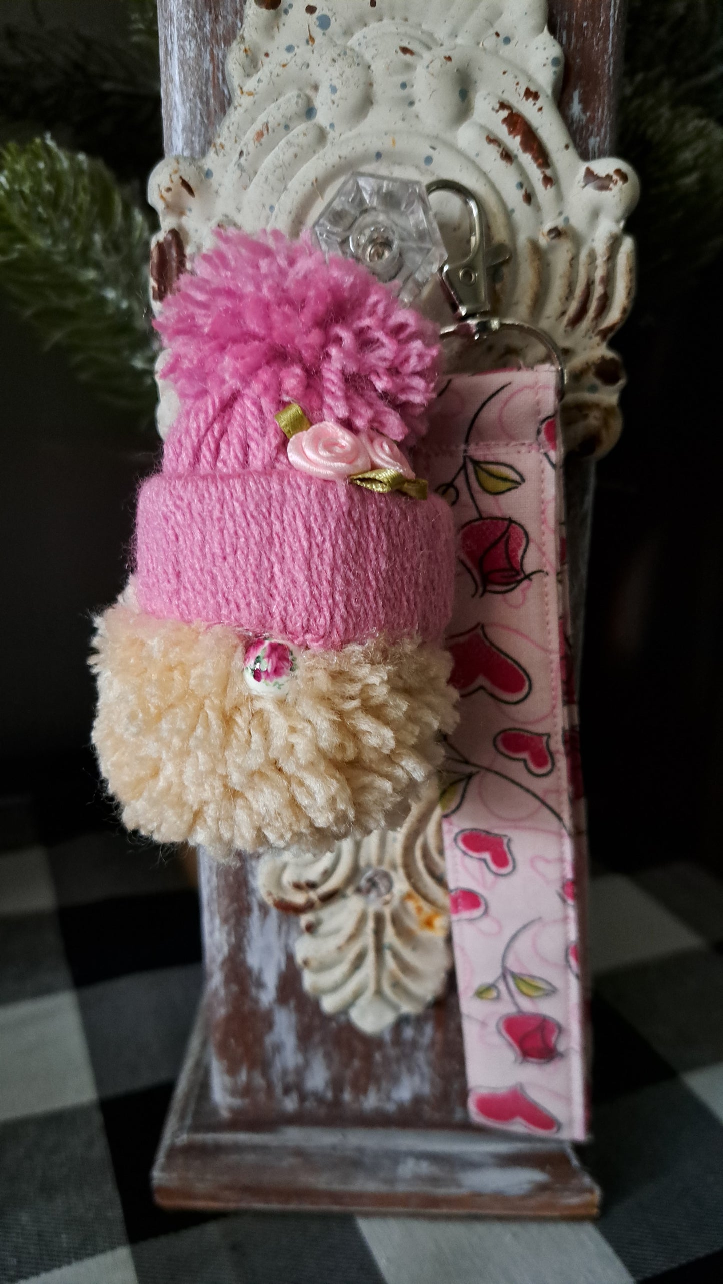 Yarn Gnome Key/Bag Charm with Light Pink Ribbon Rosettes