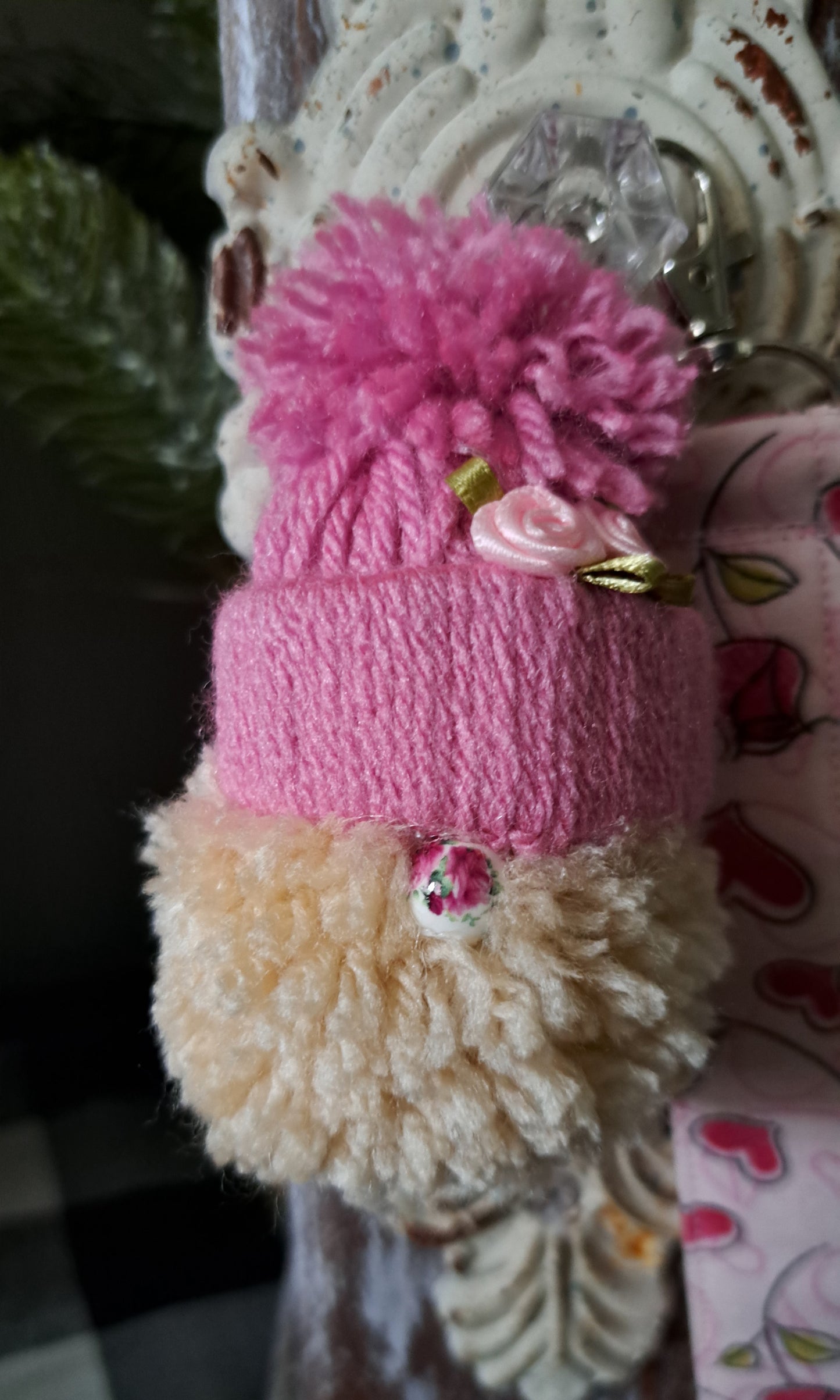Yarn Gnome Key/Bag Charm with Light Pink Ribbon Rosettes