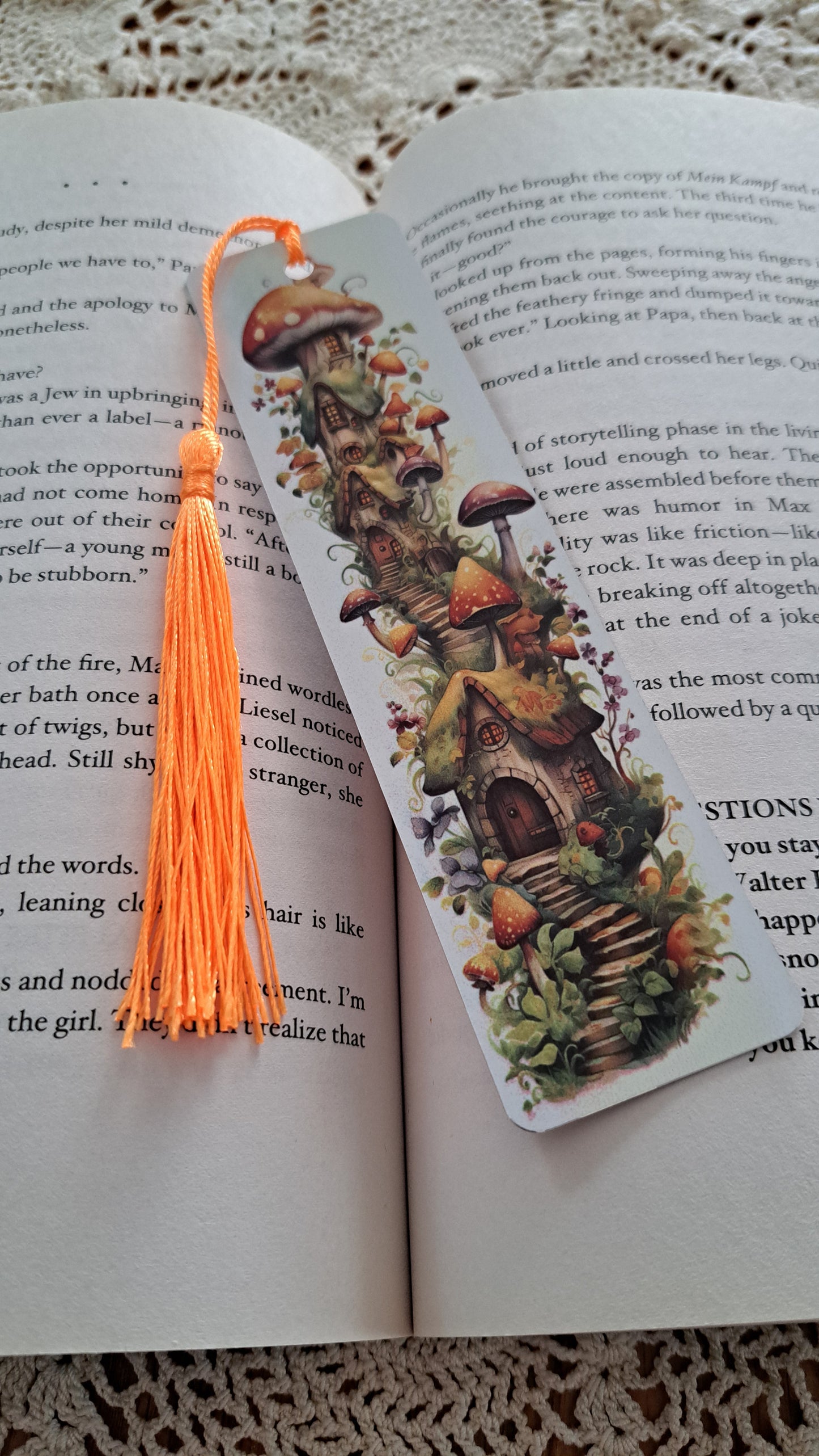 Metal Mushroom Fairy Houses With Orange Tassel Bookmark