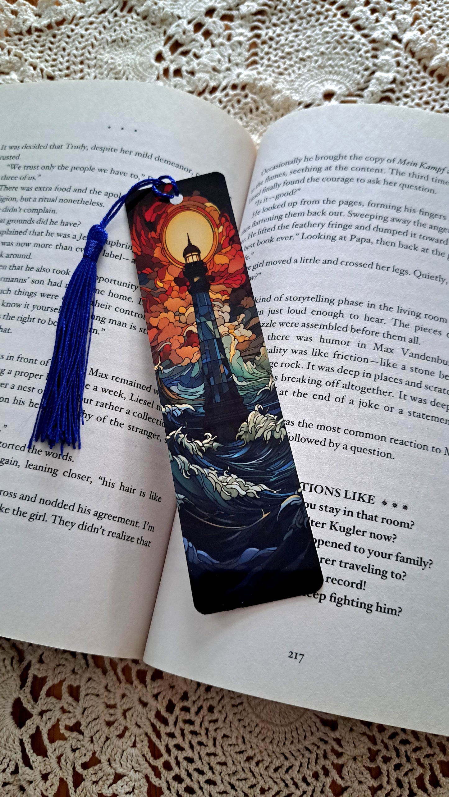Metal Sunset Lighthouse Bookmark With Dark Blue Tassel