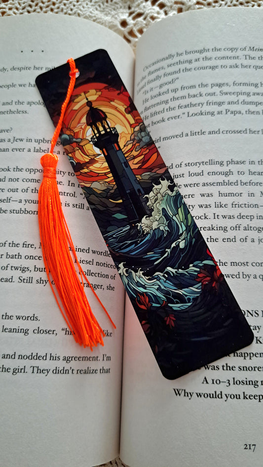 Metal Sunset Lighthouse Bookmark With Dark Orange Tassel