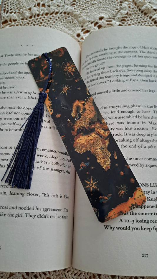 Metal Old World Map Bookmark With Dark Blue Tassel