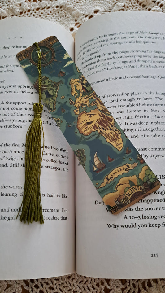 Metal Old World Map Bookmark With Olive Green Tassel