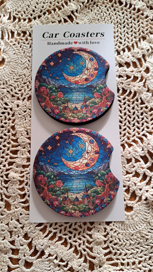 Car Coaster Stained Glass Moon Over Village