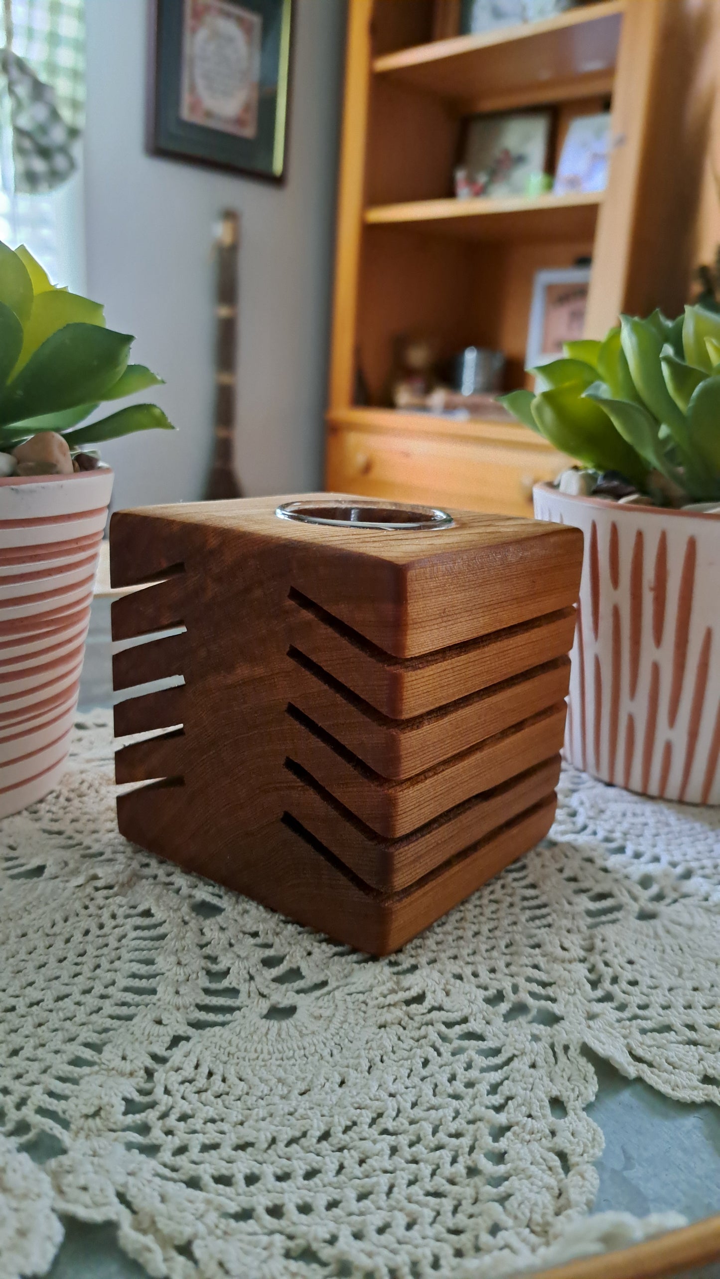 Red Cedar Slotted Votive Candle Holder