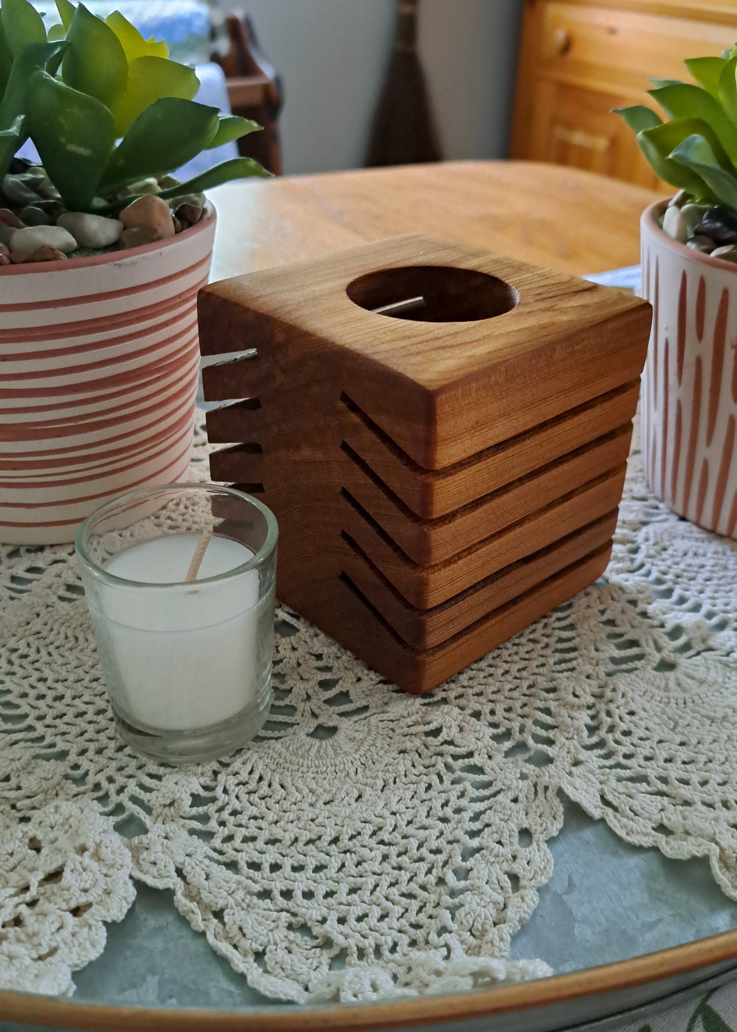Red Cedar Slotted Votive Candle Holder