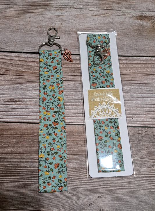 Yellow, Orange and Teal Floral Fabric Key Strap with Rose Gold Leaf Charm