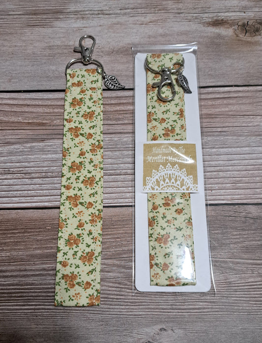 Cream & Orange Floral Fabric Key Strap with Brushed Metal Leaf Charm