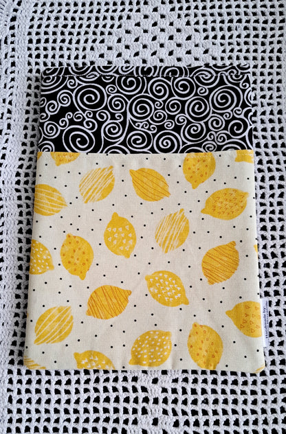 Kindle-Book-Tablet Sleeve Black Swirl with Lemons & Black Dots
