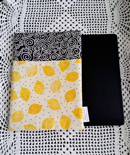 Kindle-Book-Tablet Sleeve Black Swirl with Lemons & Black Dots